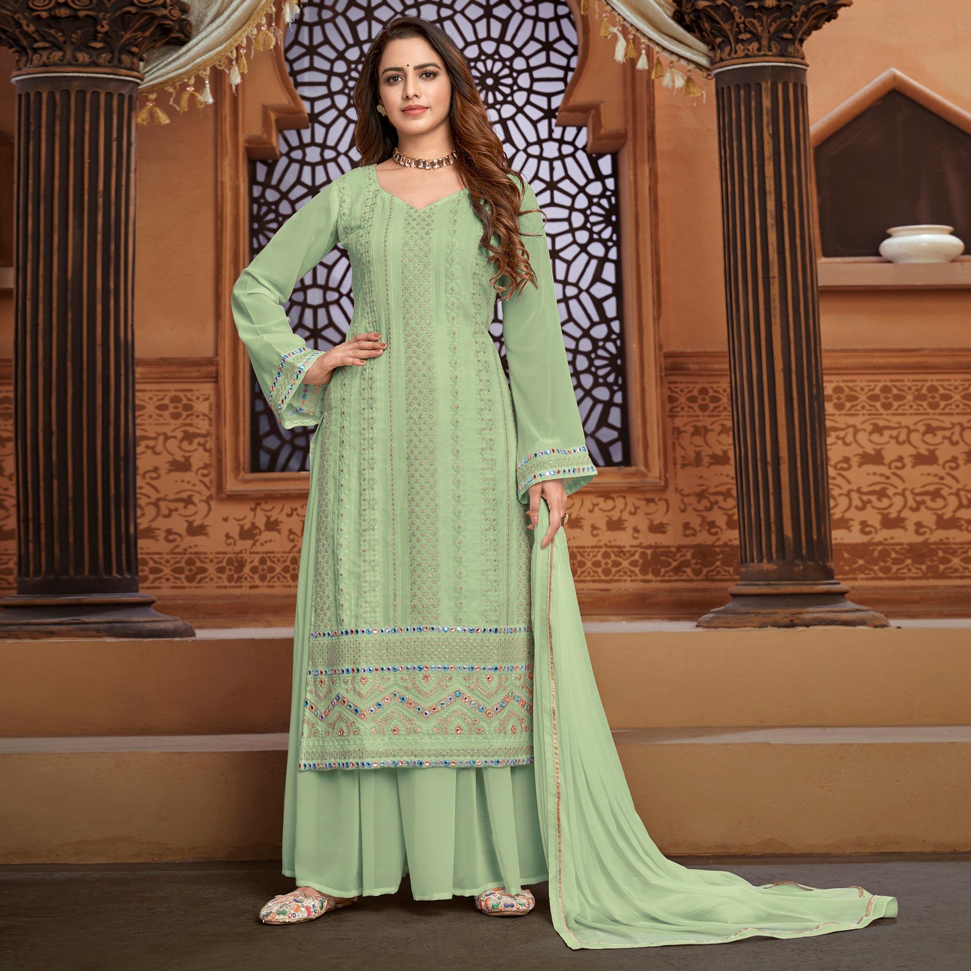 Green Partywear Designer Embroidered Heavy Faux Georgette Palazzo Suit - Peachmode