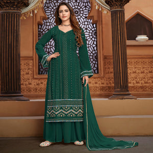 Green Partywear Designer Embroidered Heavy Faux Georgette Palazzo Suit - Peachmode