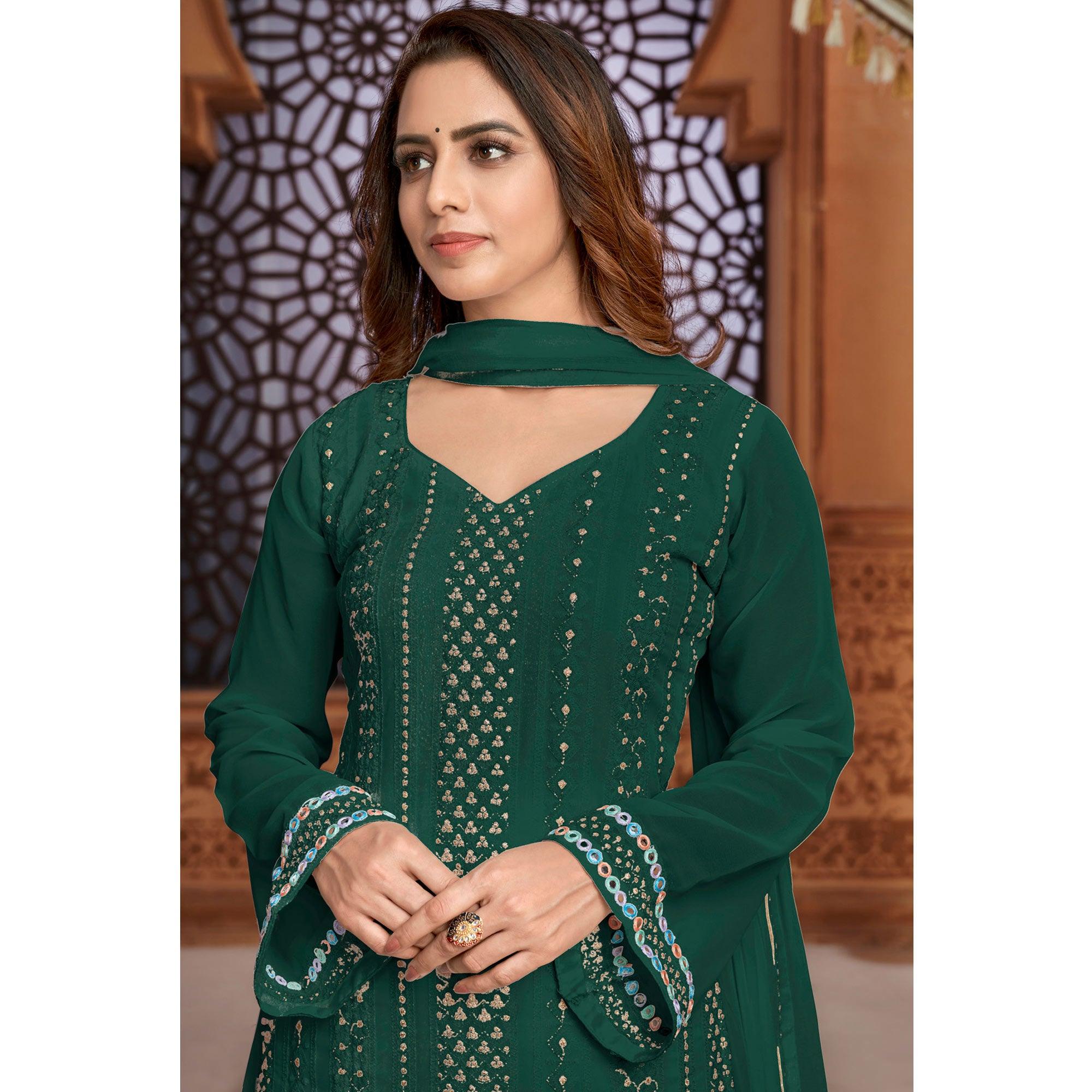 Green Partywear Designer Embroidered Heavy Faux Georgette Palazzo Suit - Peachmode