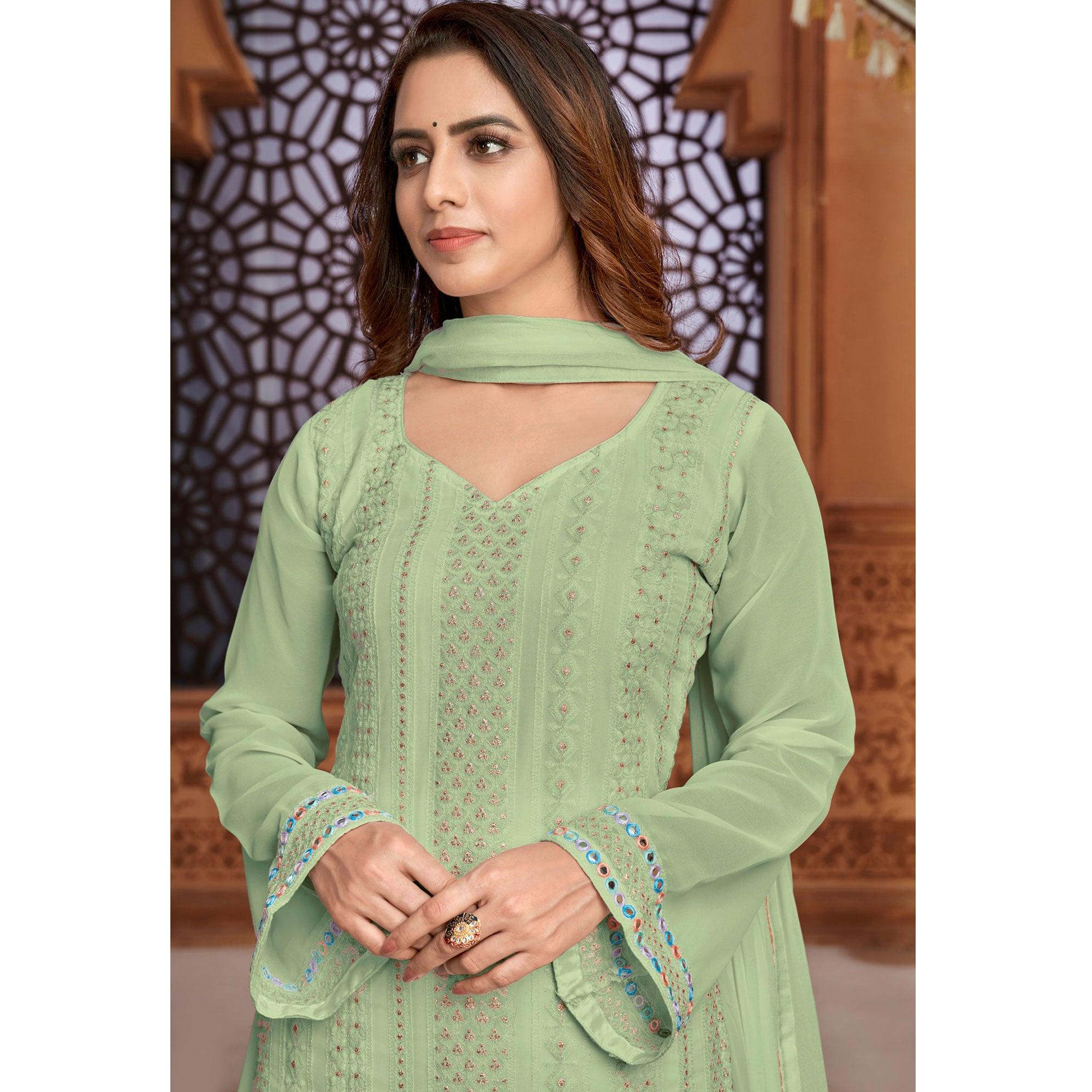 Green Partywear Designer Embroidered Heavy Faux Georgette Palazzo Suit - Peachmode