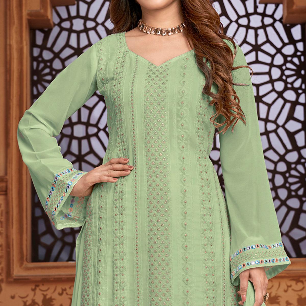 Green Partywear Designer Embroidered Heavy Faux Georgette Palazzo Suit - Peachmode