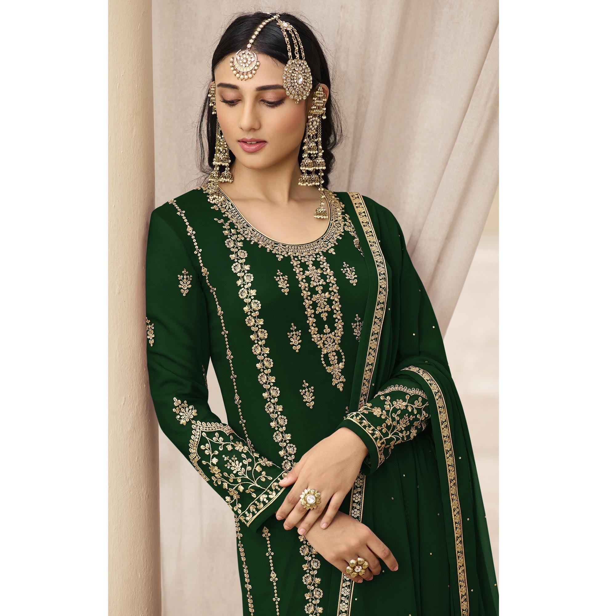 Green Partywear Designer Embroidered With Sequence Georgette Palazzo Suit - Peachmode
