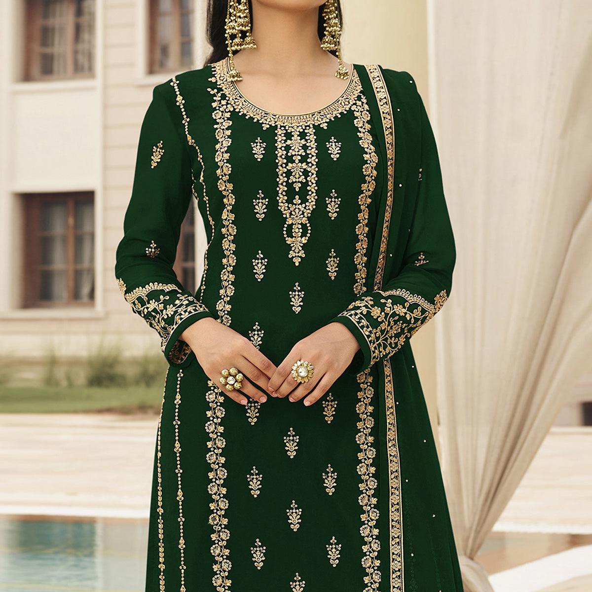 Green Partywear Designer Embroidered With Sequence Georgette Palazzo Suit - Peachmode