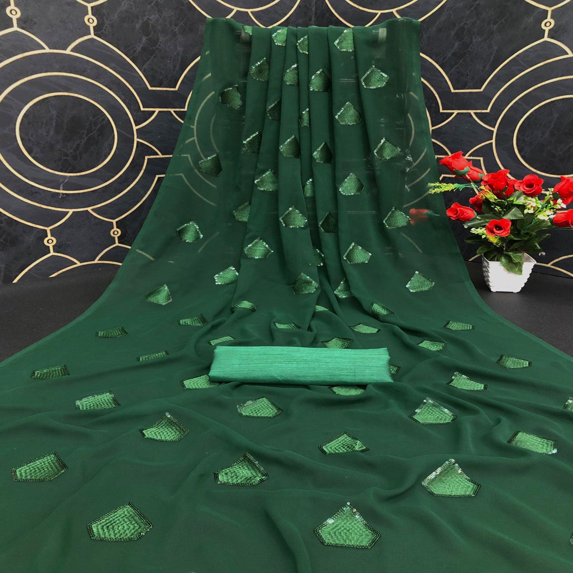 Green Partywear Diamond Sequence Georgette Saree - Peachmode