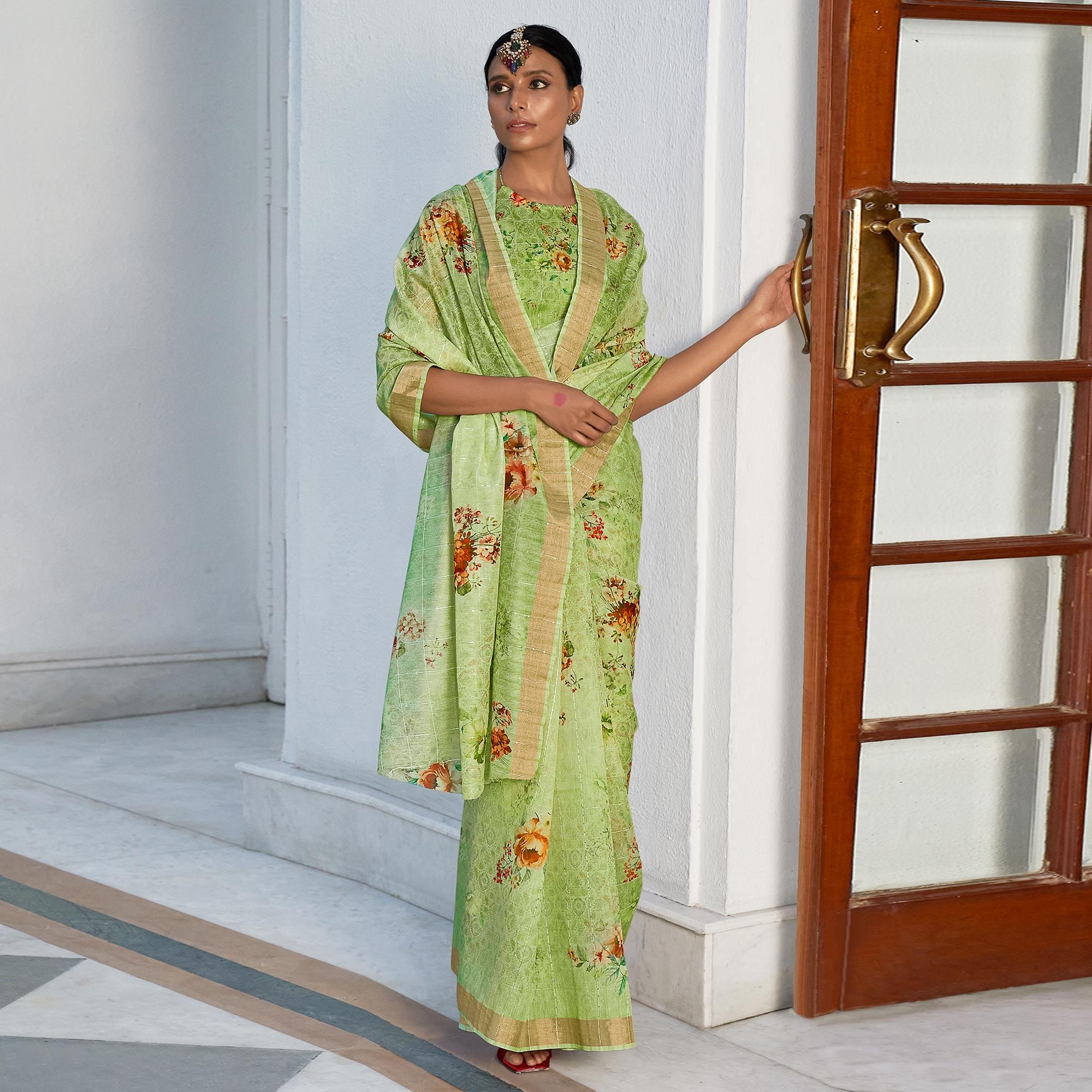 Green Partywear Digital Printed & Sequence Woven Pure Linen Saree - Peachmode