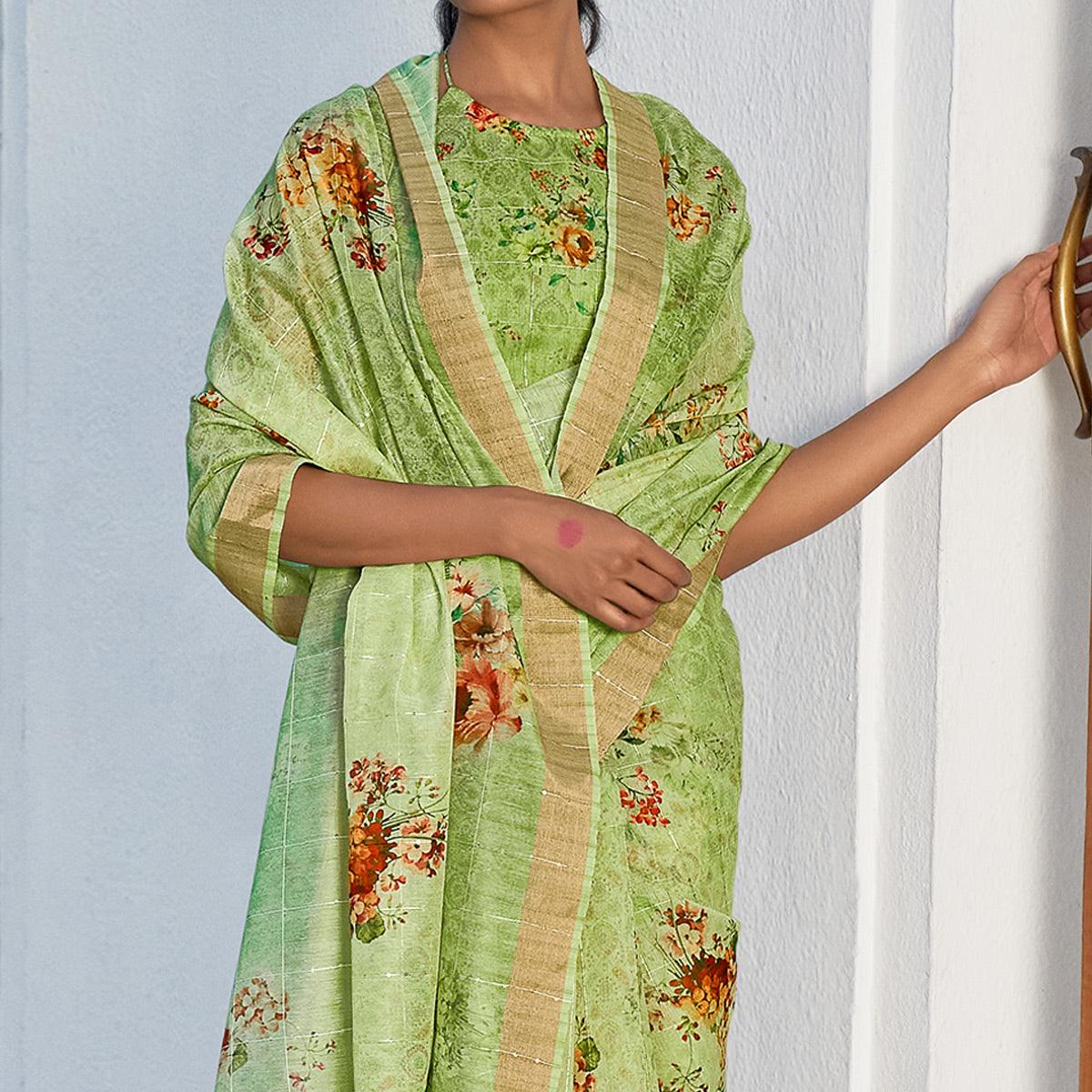 Green Partywear Digital Printed & Sequence Woven Pure Linen Saree - Peachmode