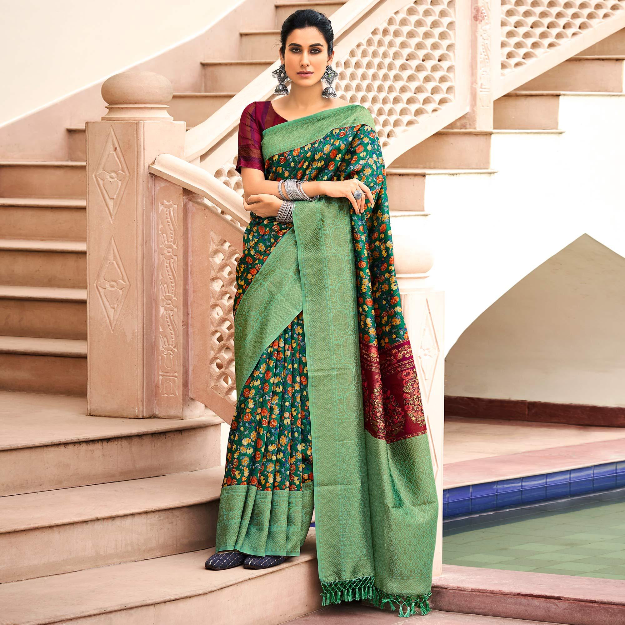 Green Partywear Digital Printed Silk Saree - Peachmode