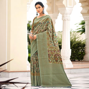 Green Partywear Digital Printed Silk Saree - Peachmode