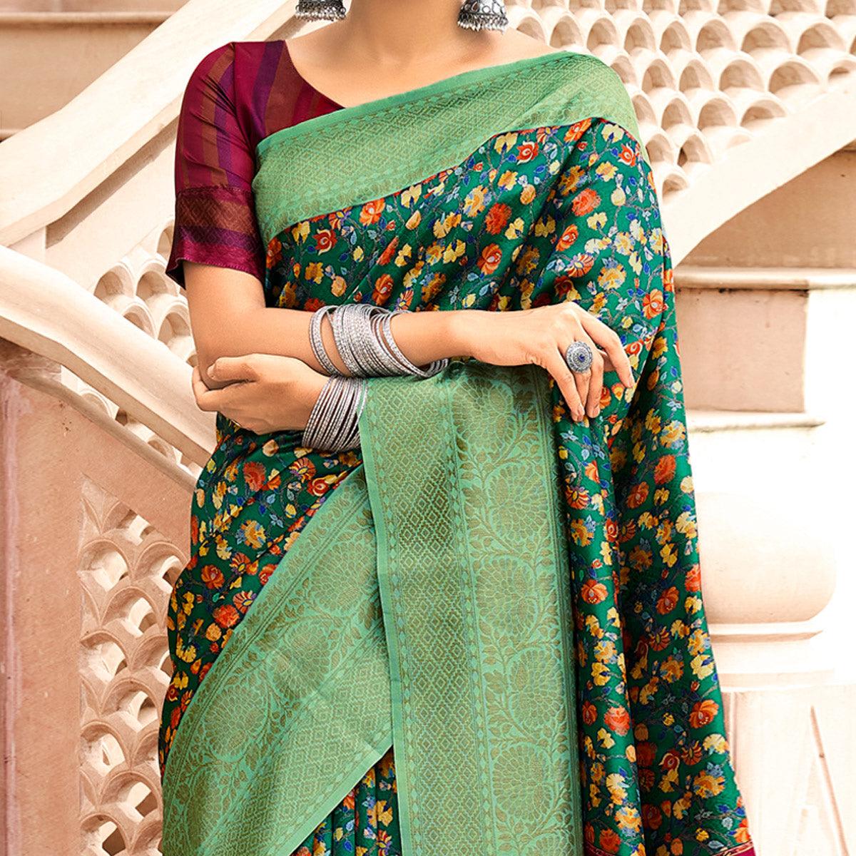 Green Partywear Digital Printed Silk Saree - Peachmode