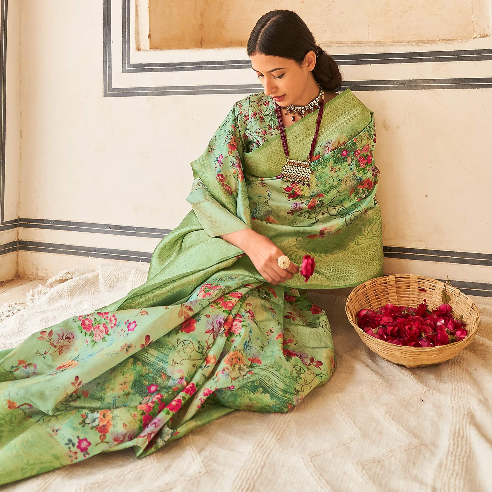 Green Partywear Digital Printed Silk Saree - Peachmode