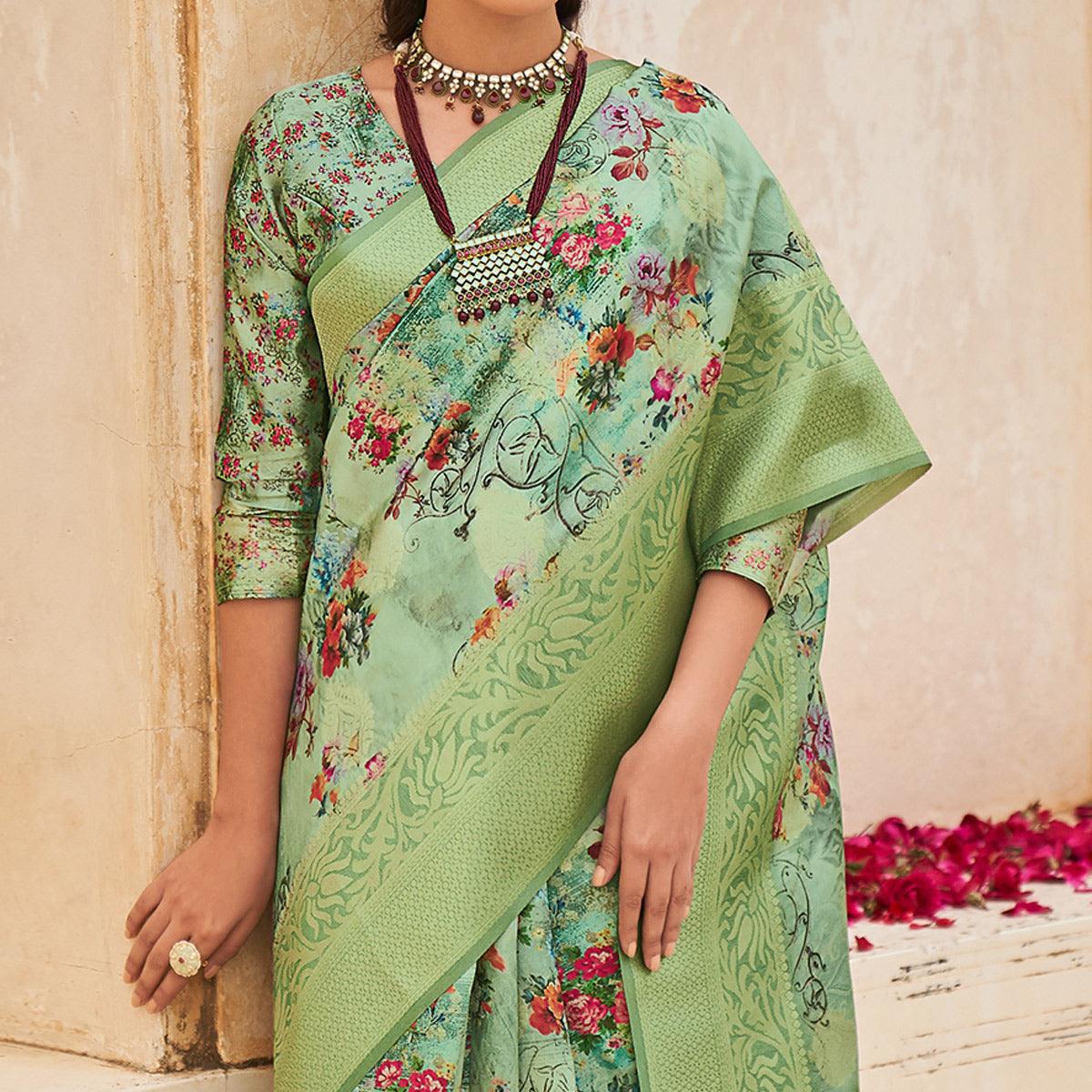 Green Partywear Digital Printed Silk Saree - Peachmode