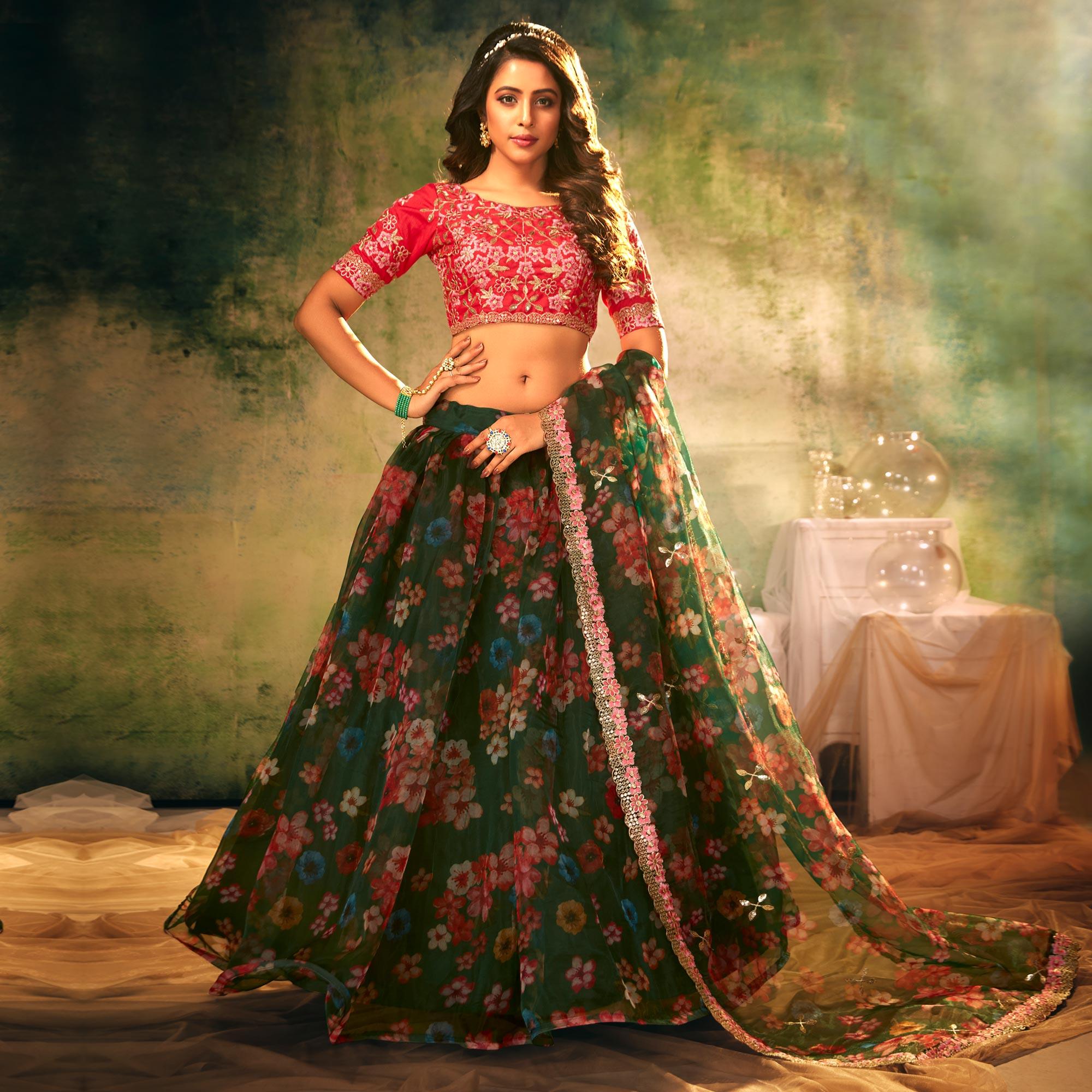 Green Partywear Digital Printed with Crushed Plated Pattern Organza Lehenga Choli - Peachmode