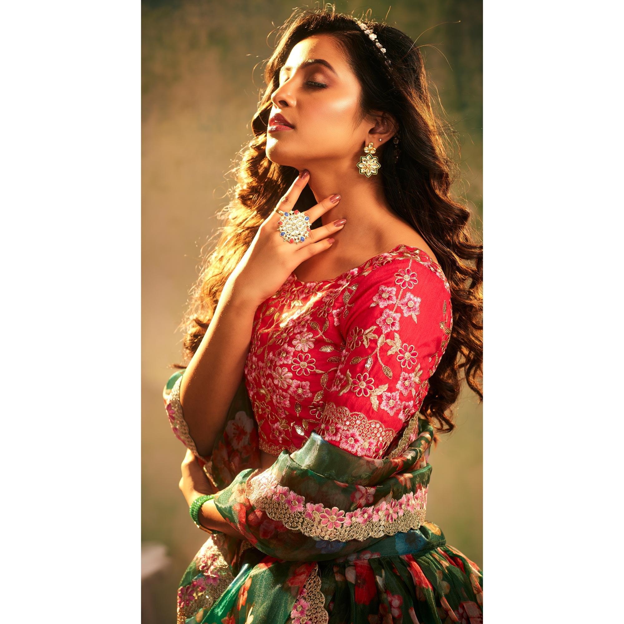 Green Partywear Digital Printed with Crushed Plated Pattern Organza Lehenga Choli - Peachmode