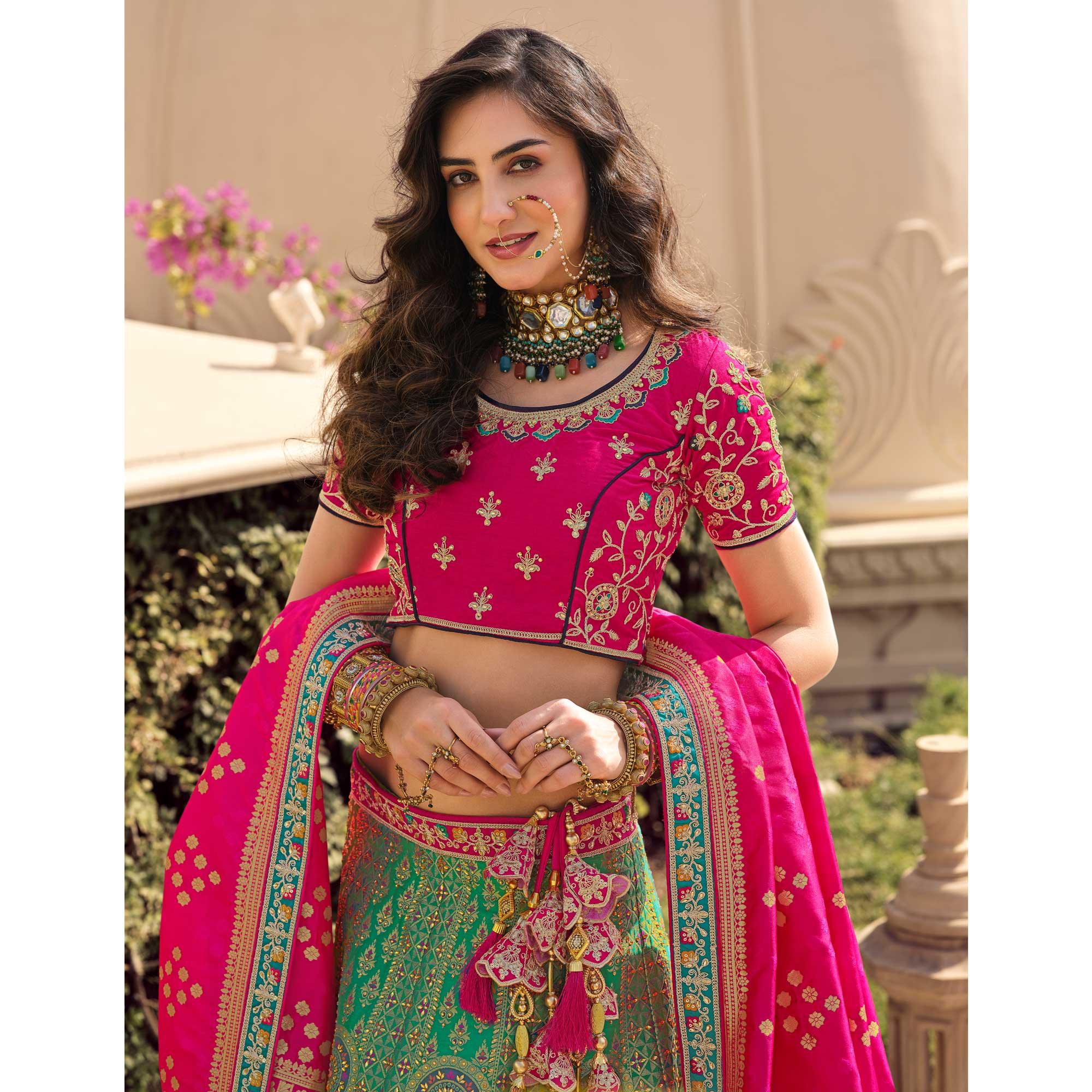 Green Partywear Embellished Embroidered Banarasi Silk Lehenga - Peachmode