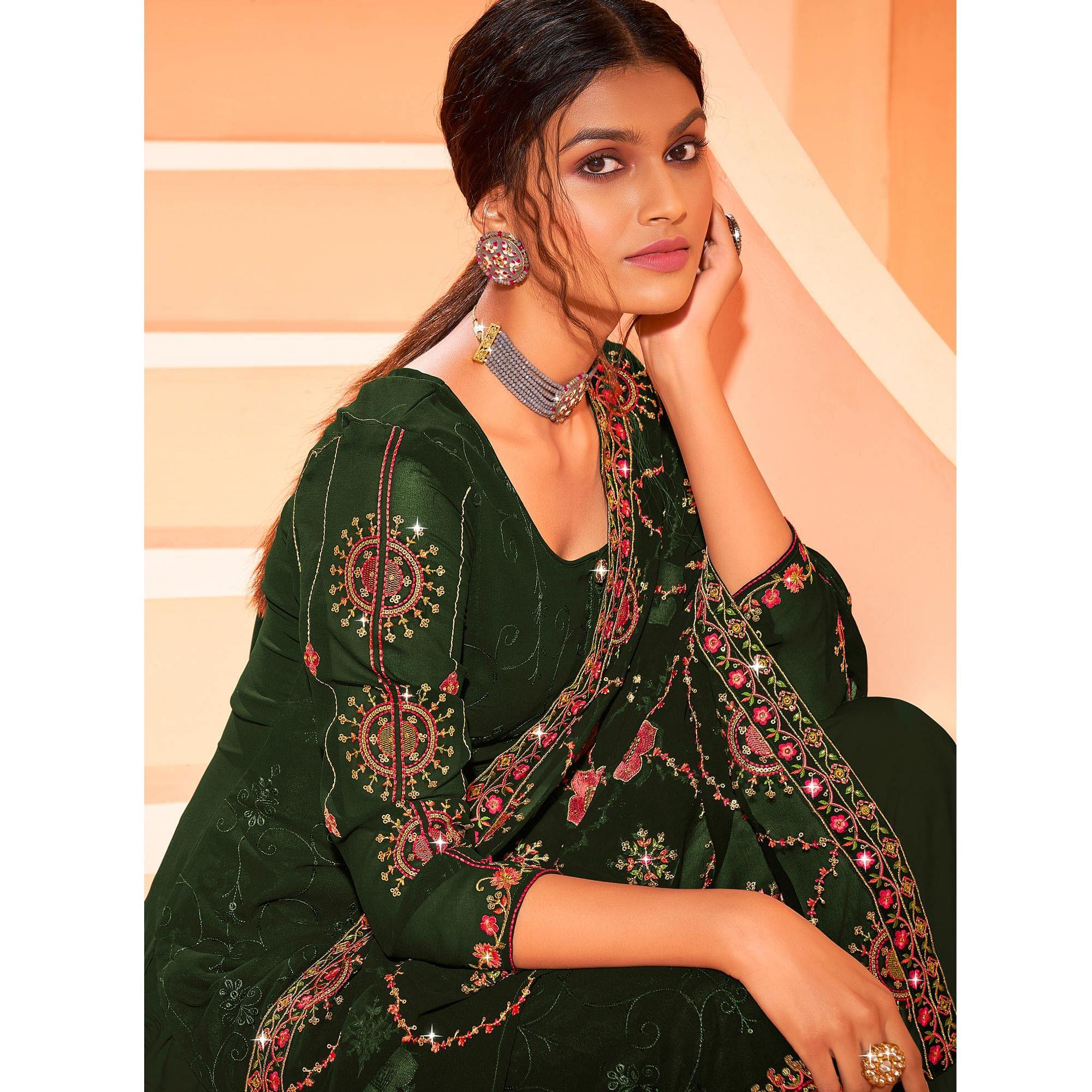 Green Partywear Embellished With Embroidered Georgette Palazzo Suit - Peachmode
