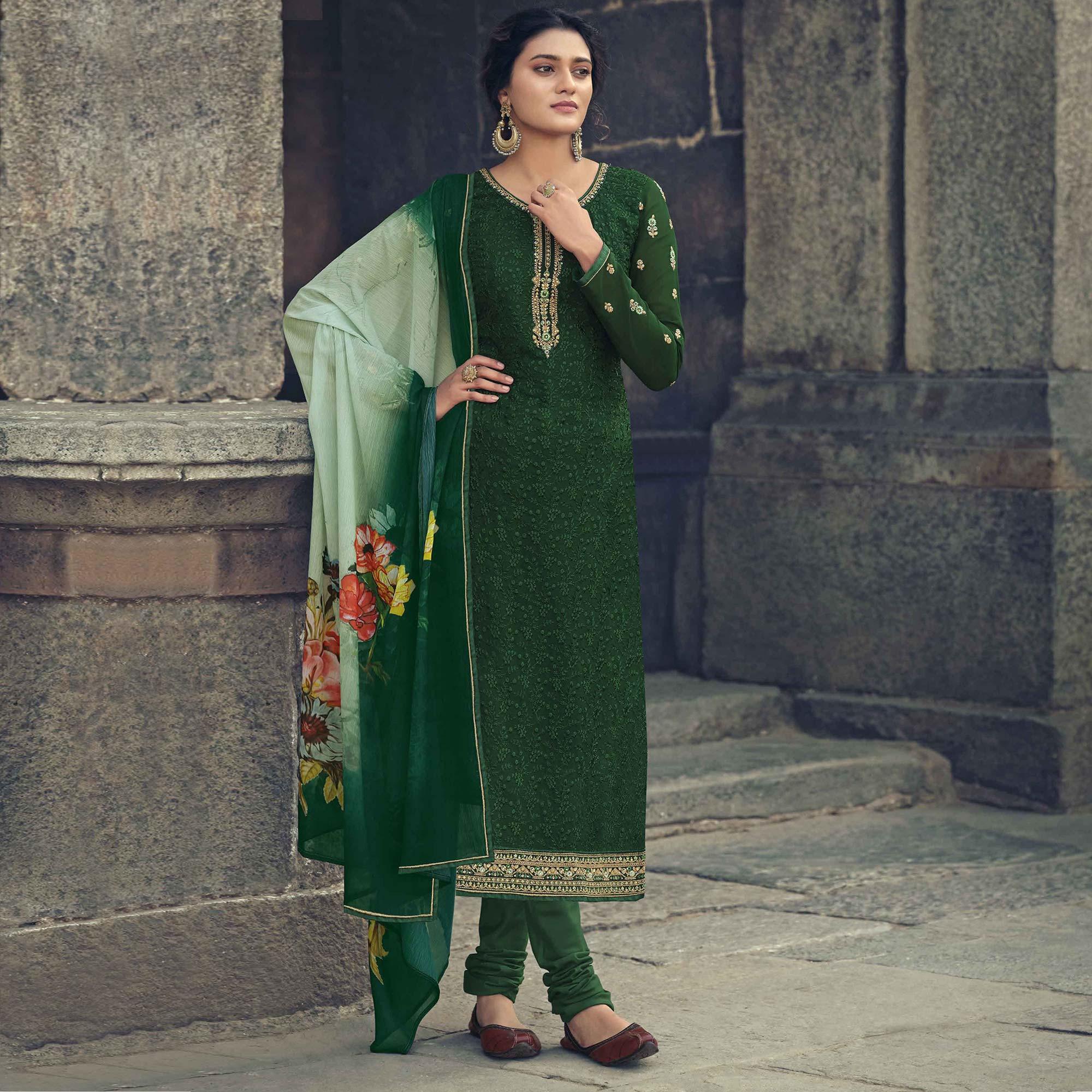 Green Partywear Embroidered & Embellished Faux Georgette Salwar Suit - Peachmode