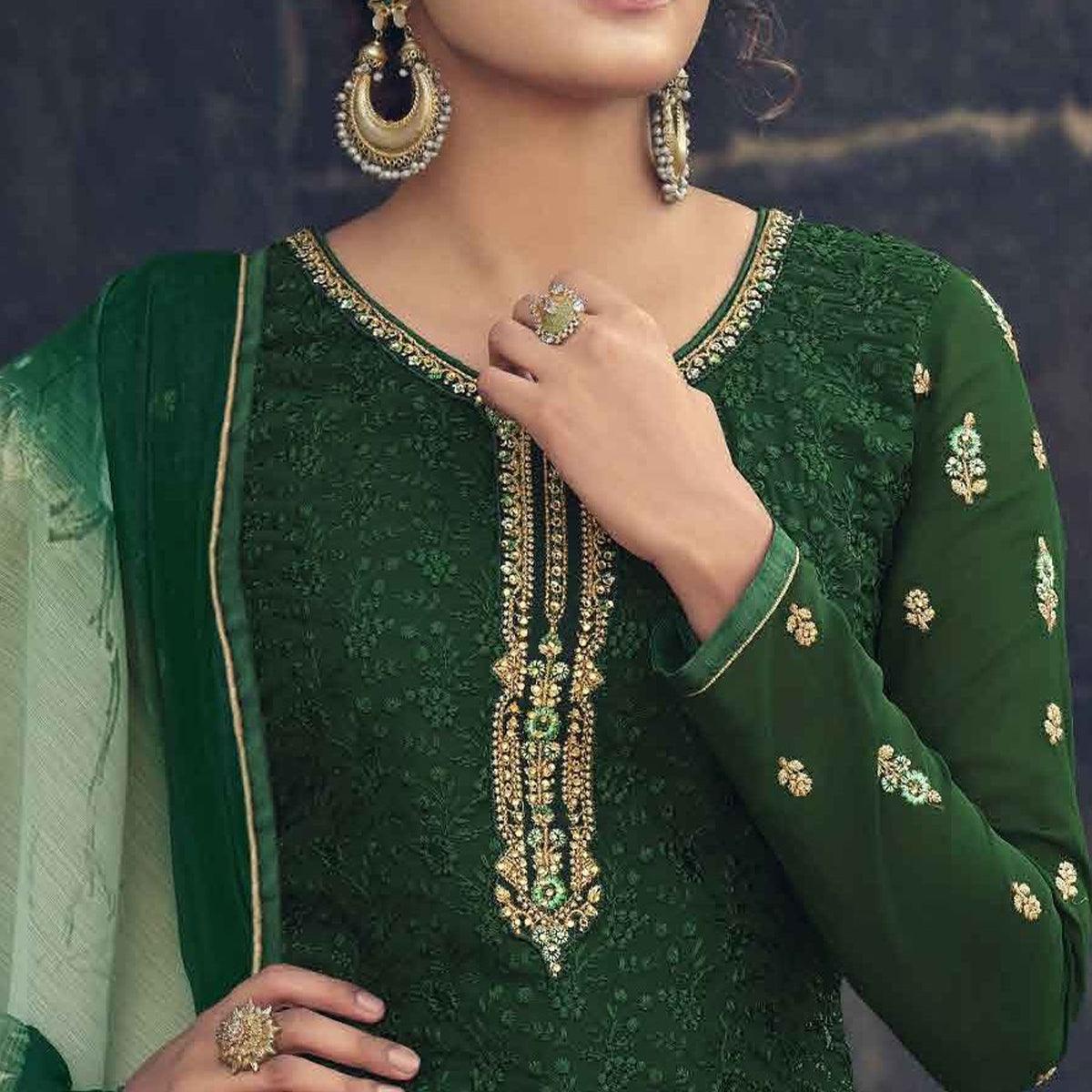 Green Partywear Embroidered & Embellished Faux Georgette Salwar Suit - Peachmode