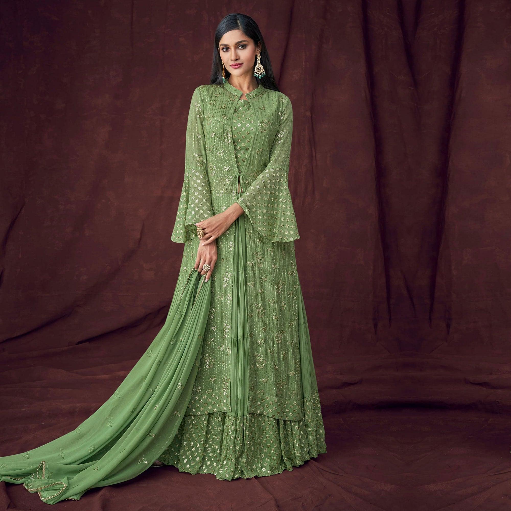 Green Partywear Embroidered & Embellished Georgette Lehenga Choli With Jacket - Peachmode