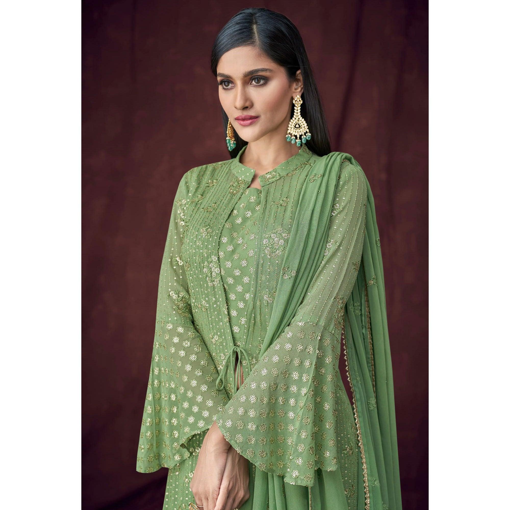 Green Partywear Embroidered & Embellished Georgette Lehenga Choli With Jacket - Peachmode