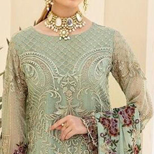 Green Partywear Embroidered & Embellished Georgette Pakistani Suit - Peachmode