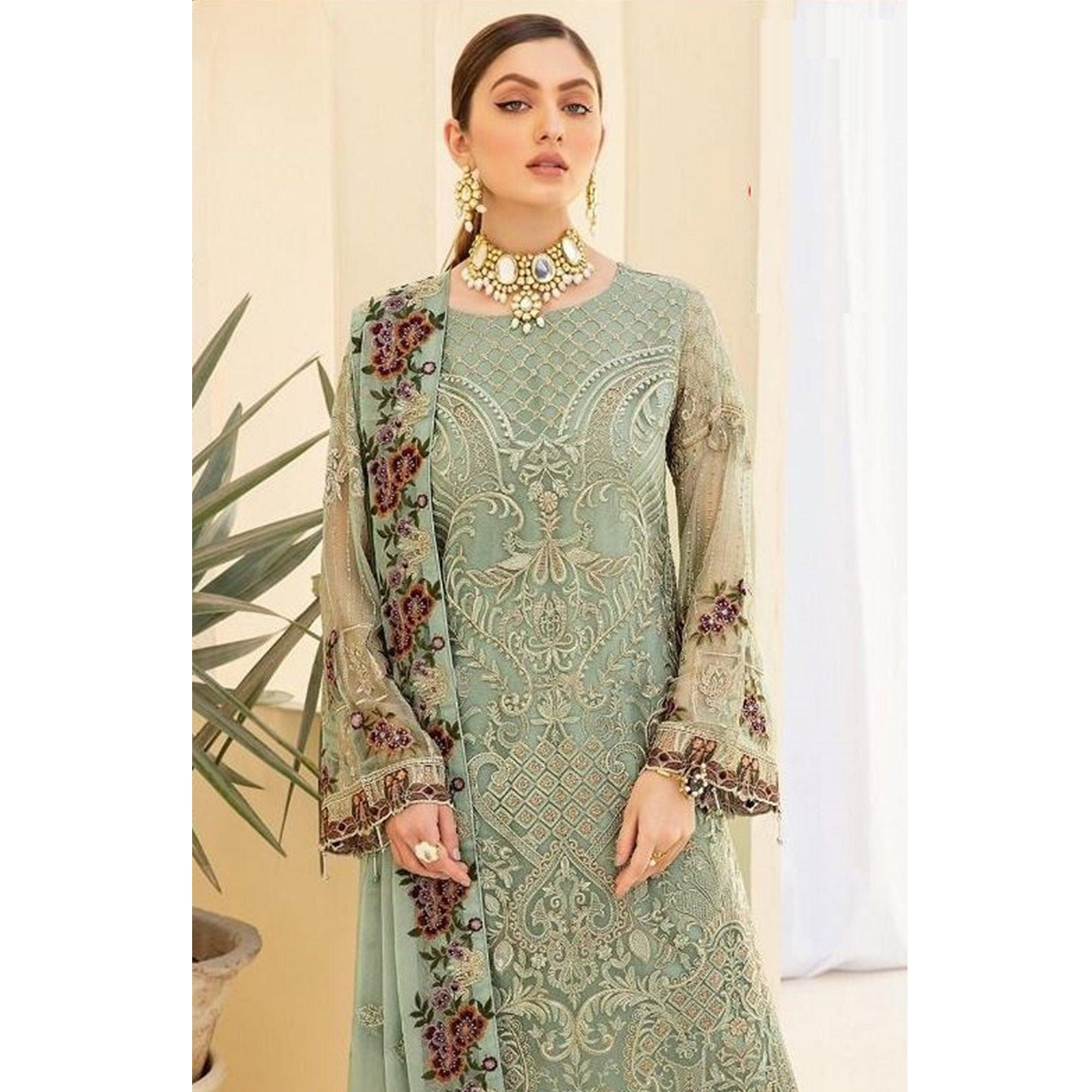 Green Partywear Embroidered & Embellished Georgette Pakistani Suit - Peachmode