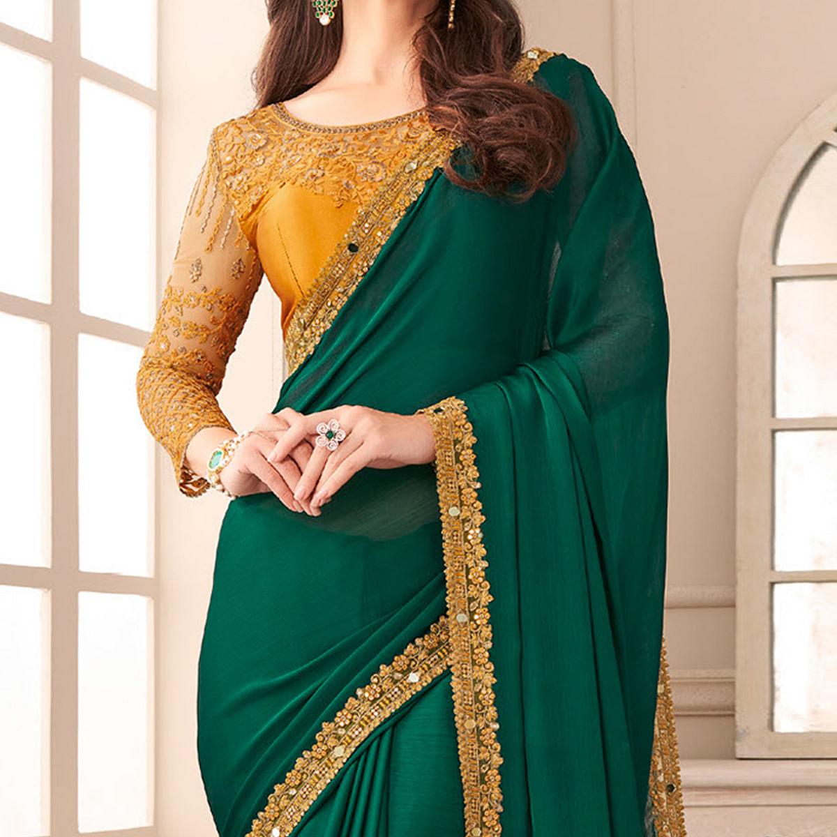 Green Partywear Embroidered & Embellished Satin Saree - Peachmode