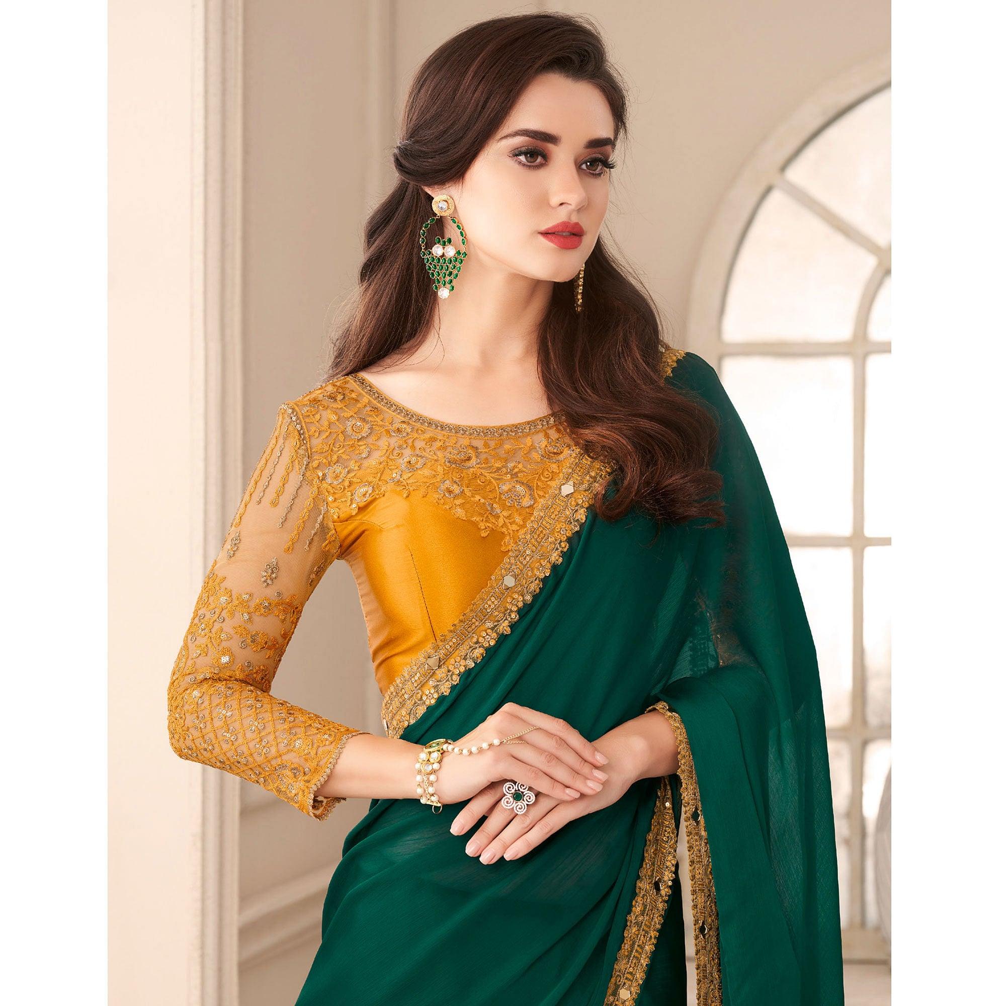 Green Partywear Embroidered & Embellished Satin Saree - Peachmode