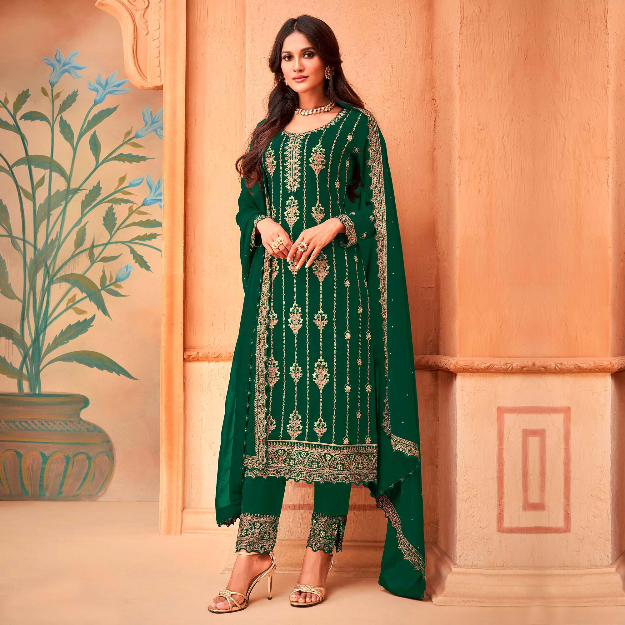 Green Partywear Embroidered & Sequence Work Faux Georgette Salwar Suit - Peachmode