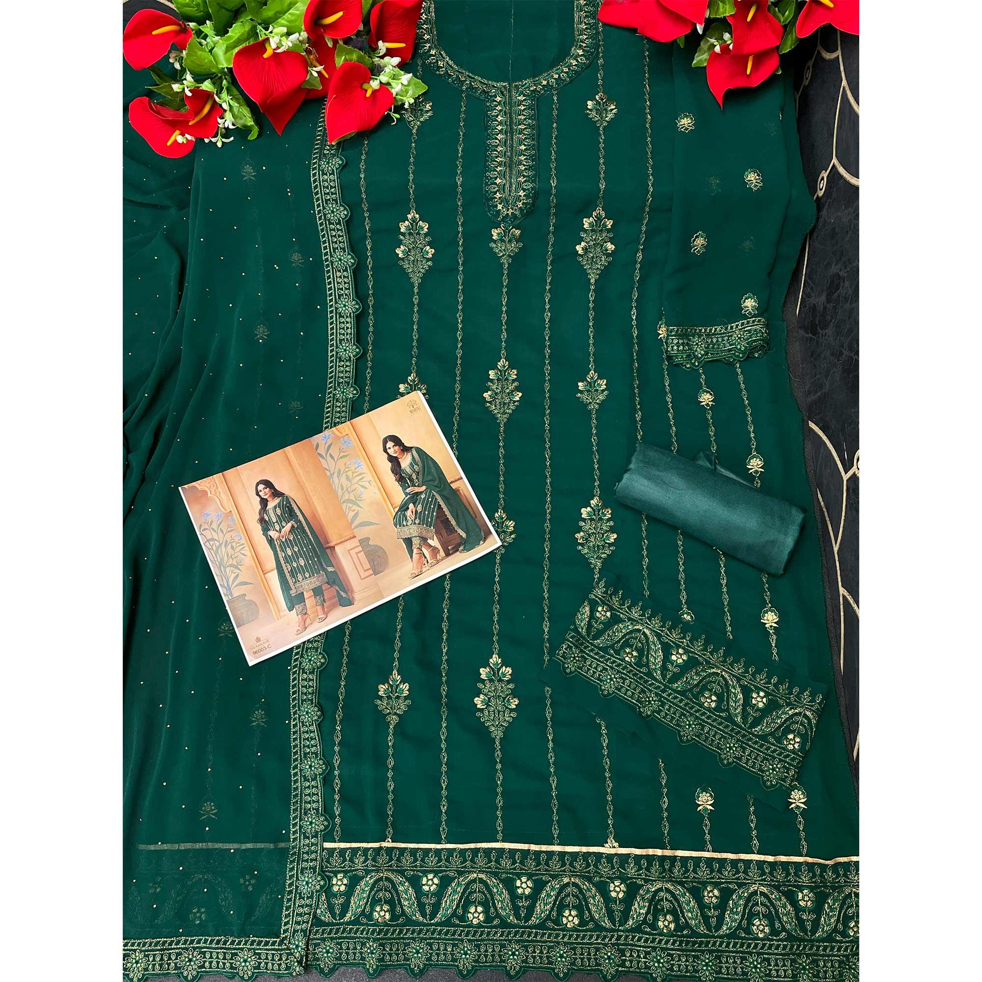 Green Partywear Embroidered & Sequence Work Faux Georgette Salwar Suit - Peachmode