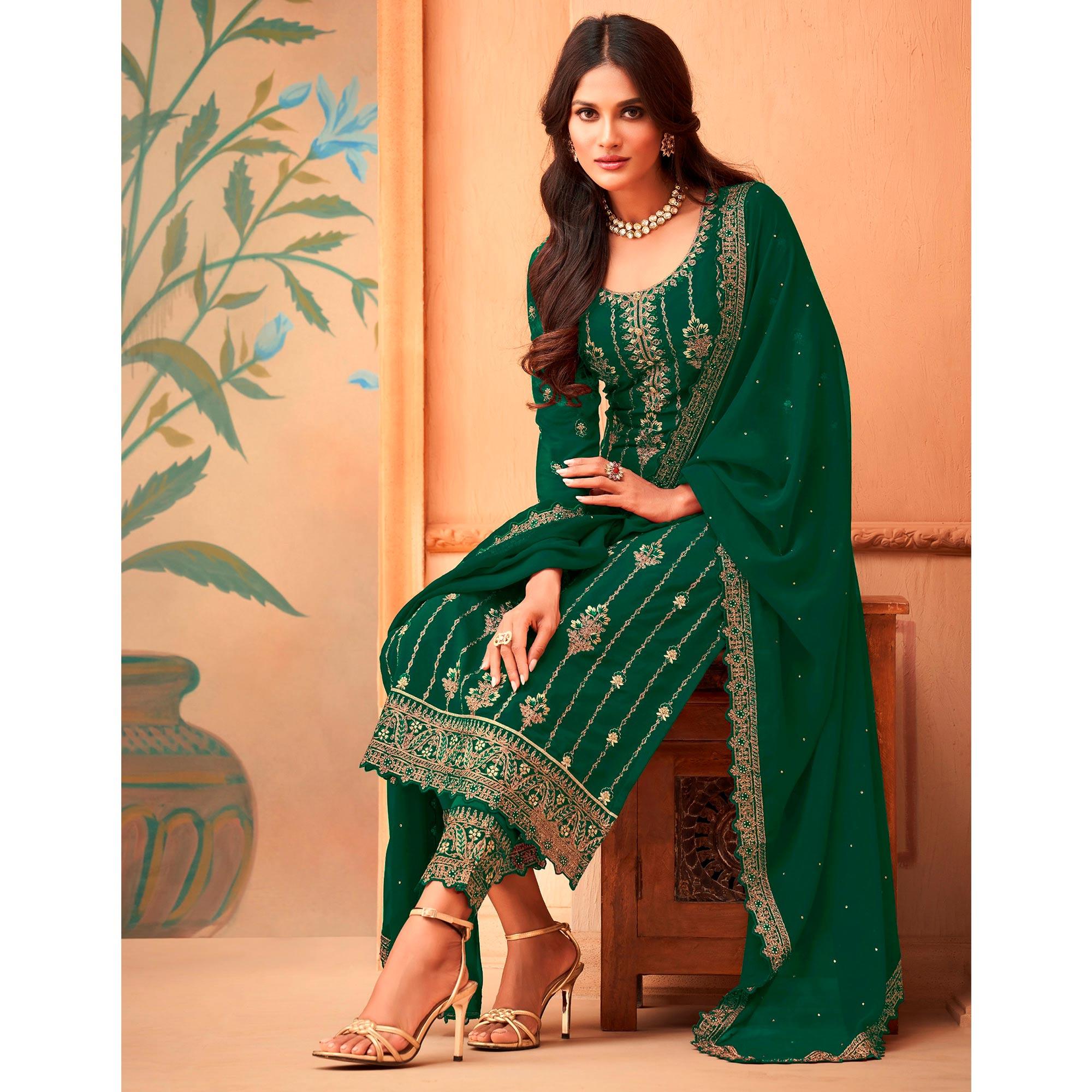 Green Partywear Embroidered & Sequence Work Faux Georgette Salwar Suit - Peachmode