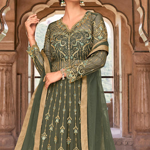 Green Partywear Embroidered & Swarovski Work Soft Net Gown - Peachmode