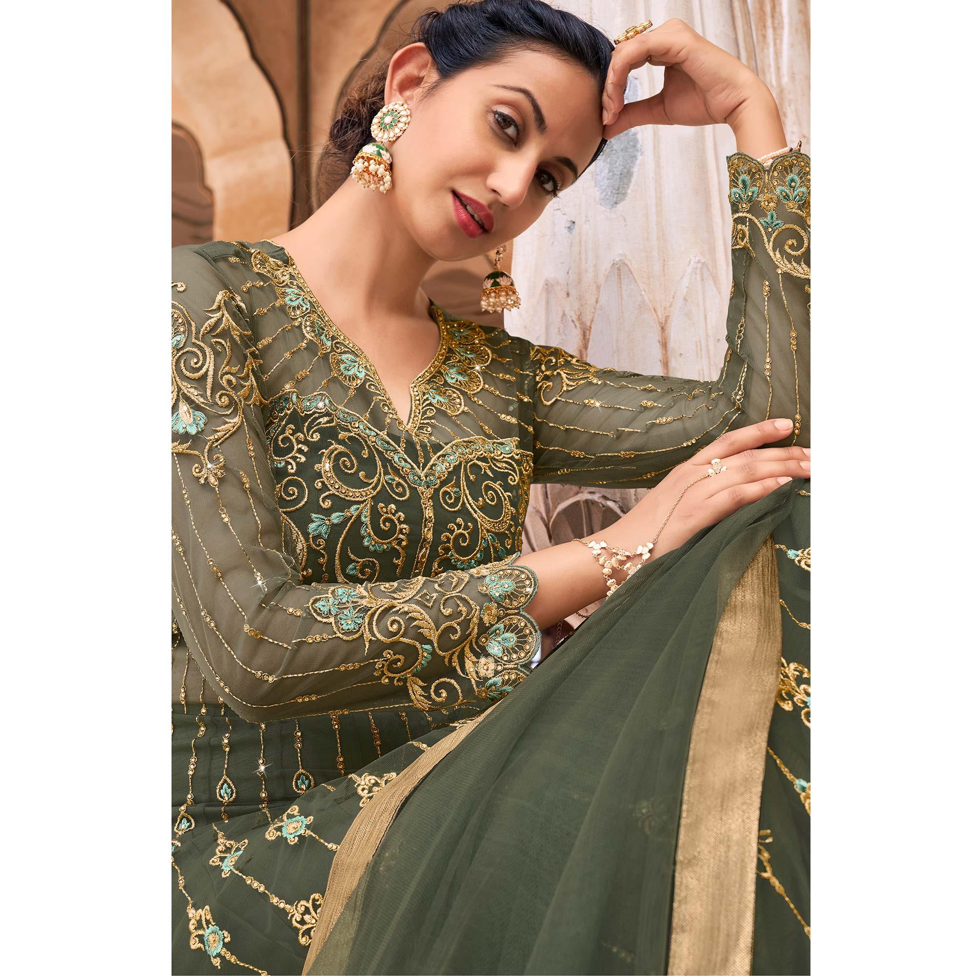 Green Partywear Embroidered & Swarovski Work Soft Net Gown - Peachmode