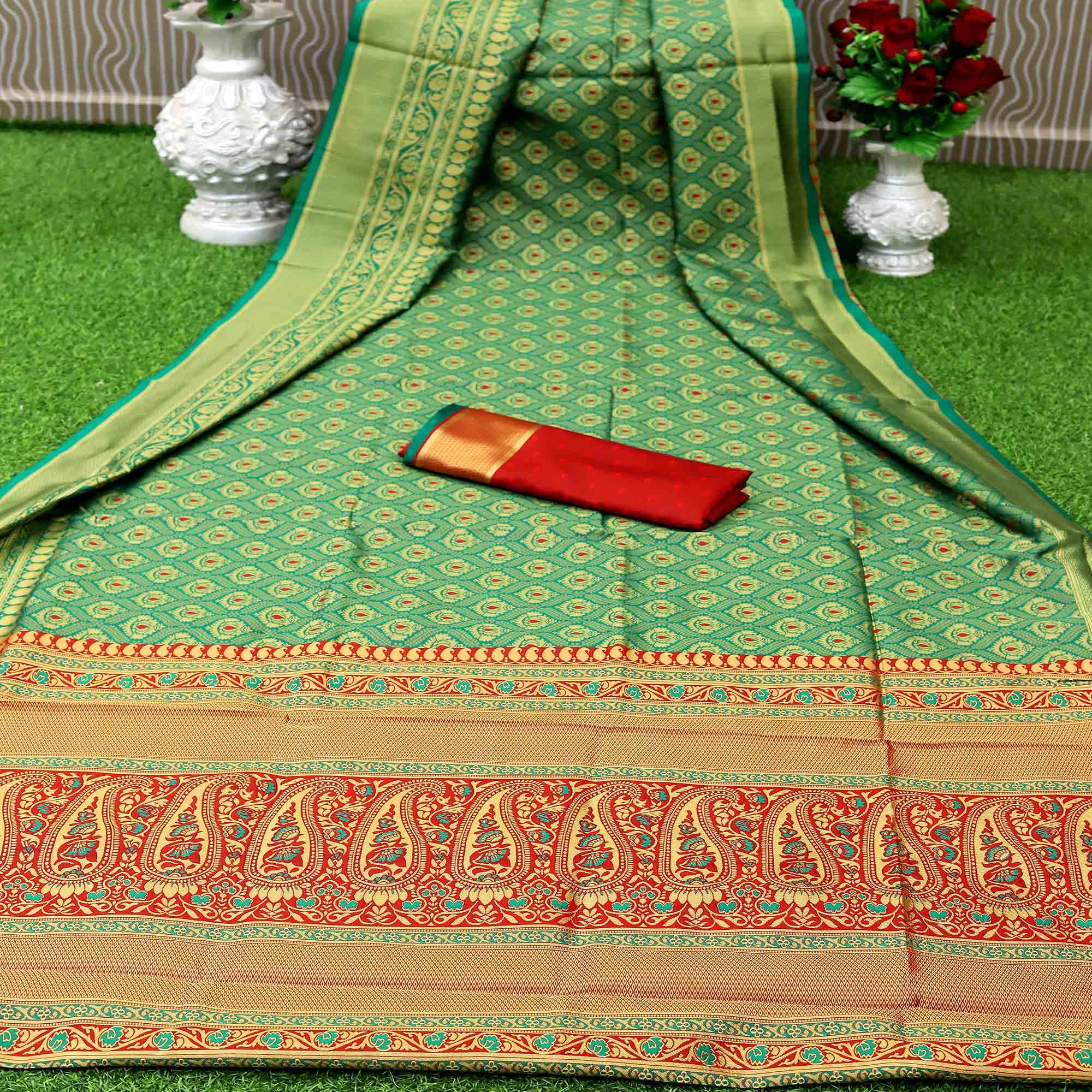 Green Partywear Embroidered Banarasi Art Silk Saree - Peachmode