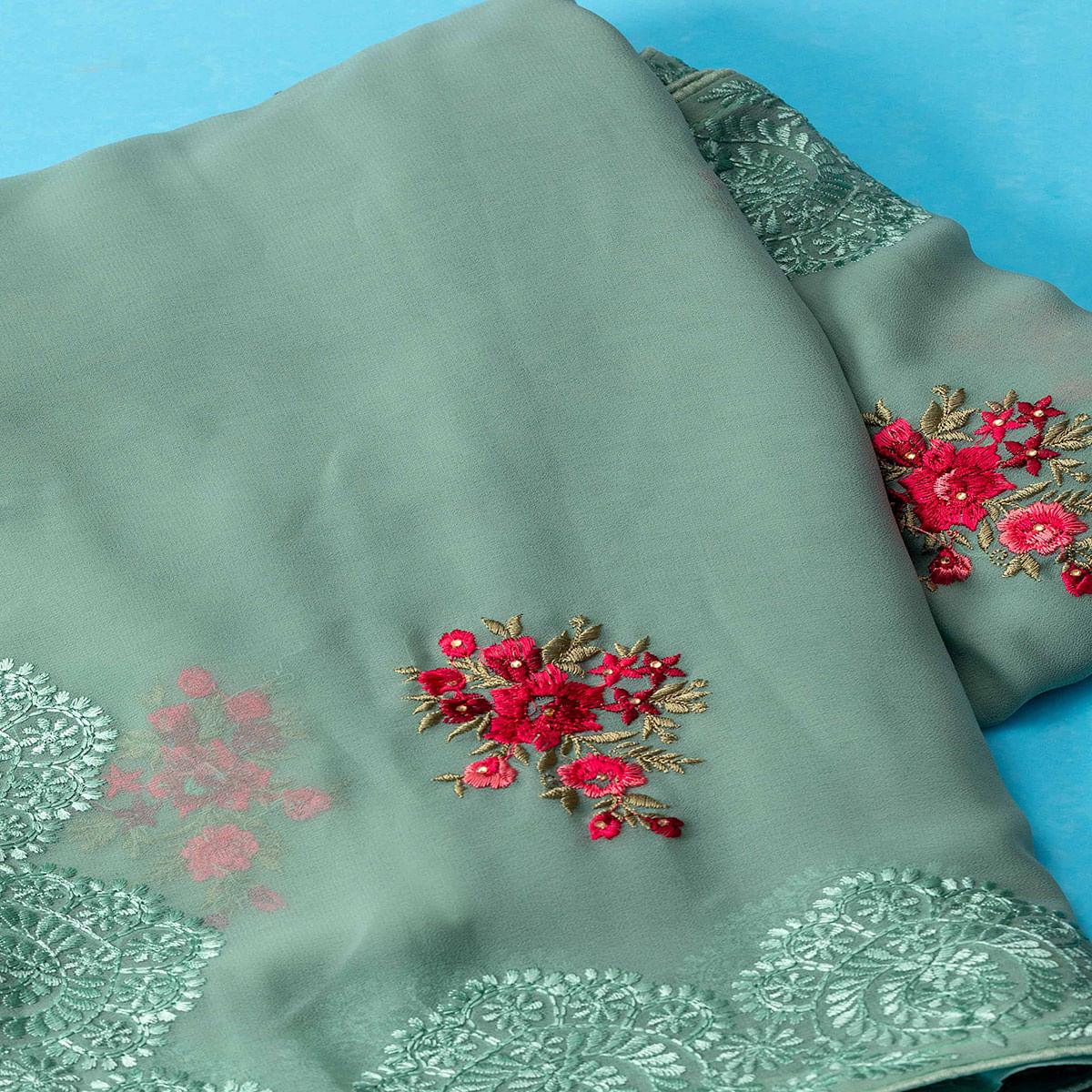 Green Partywear Embroidered Butta  Georgette Saree - Peachmode