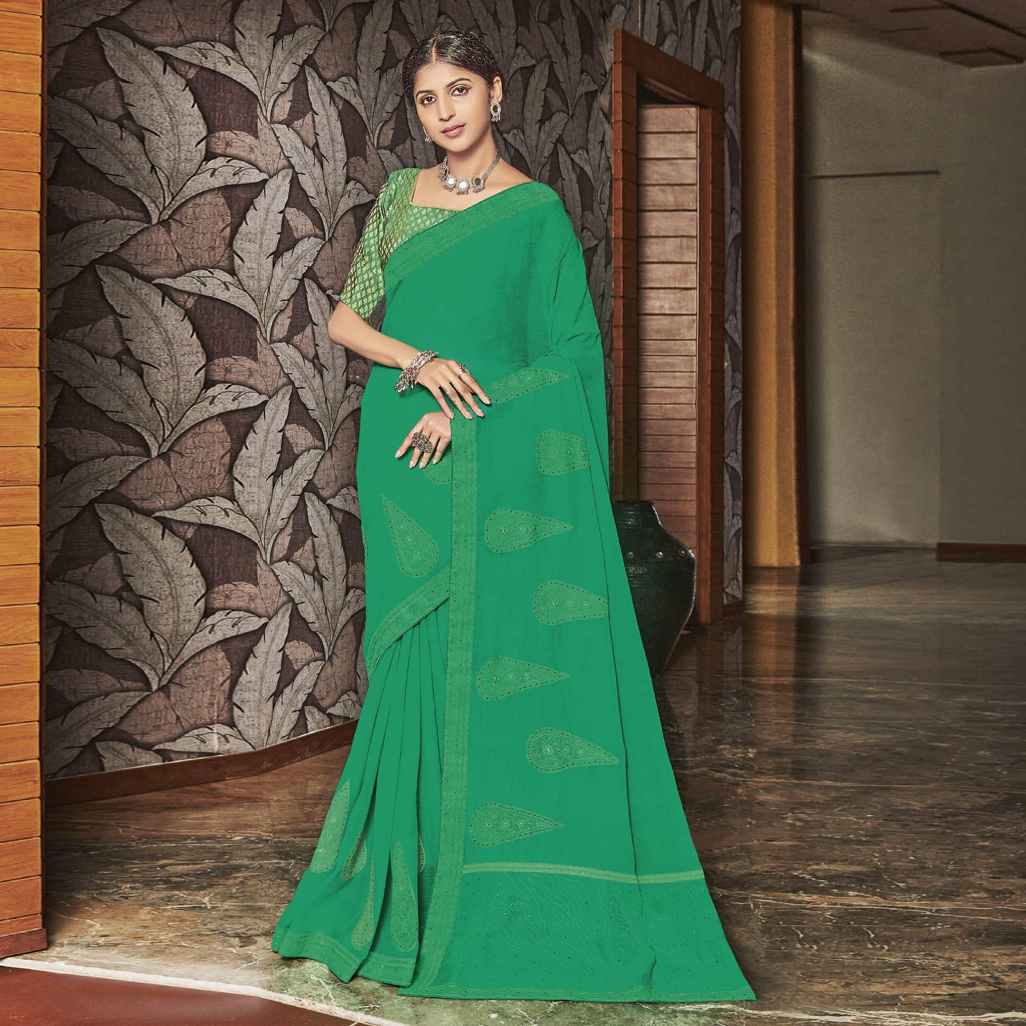 Green Partywear Embroidered Chiffon Saree - Peachmode