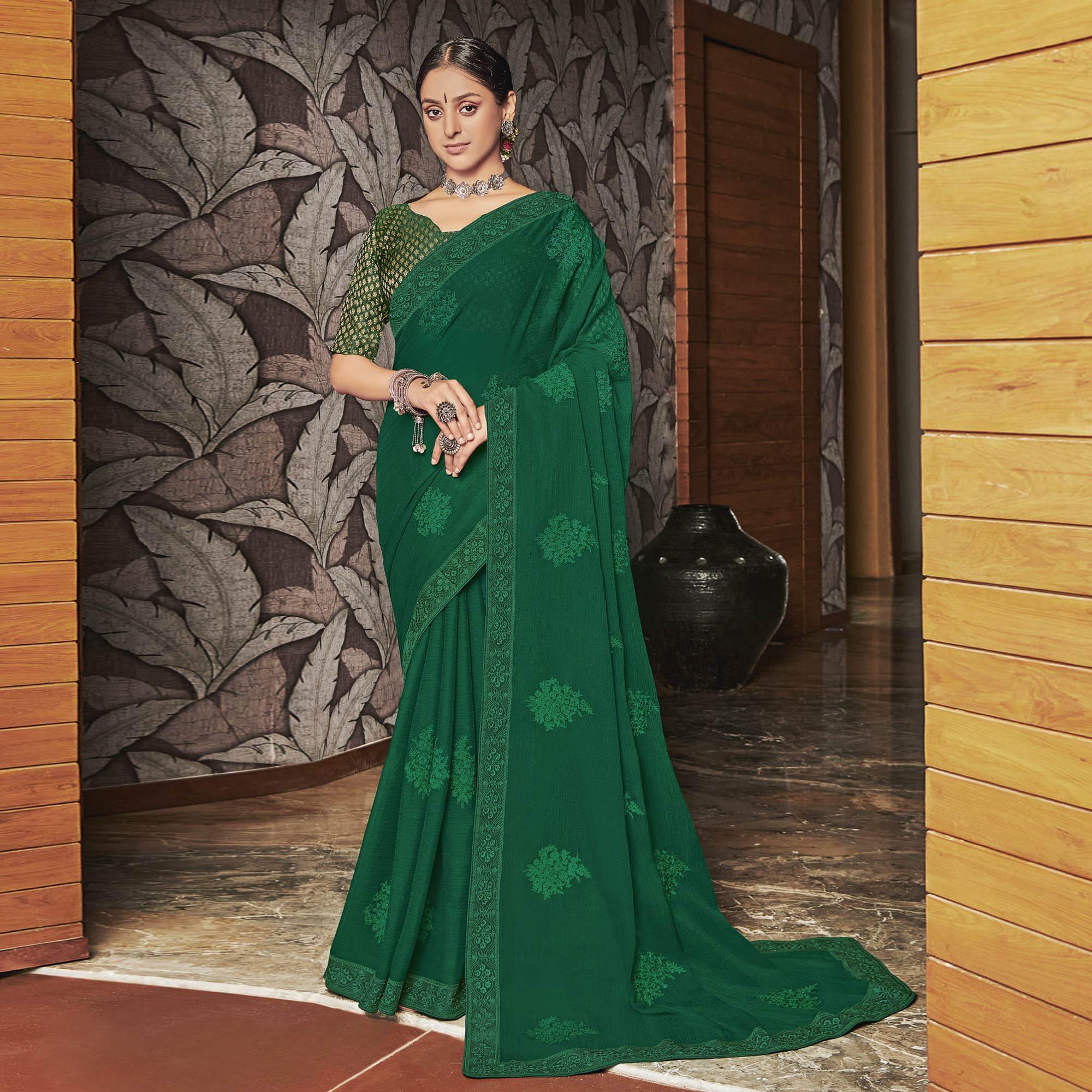 Green Partywear Embroidered Chiffon Saree - Peachmode