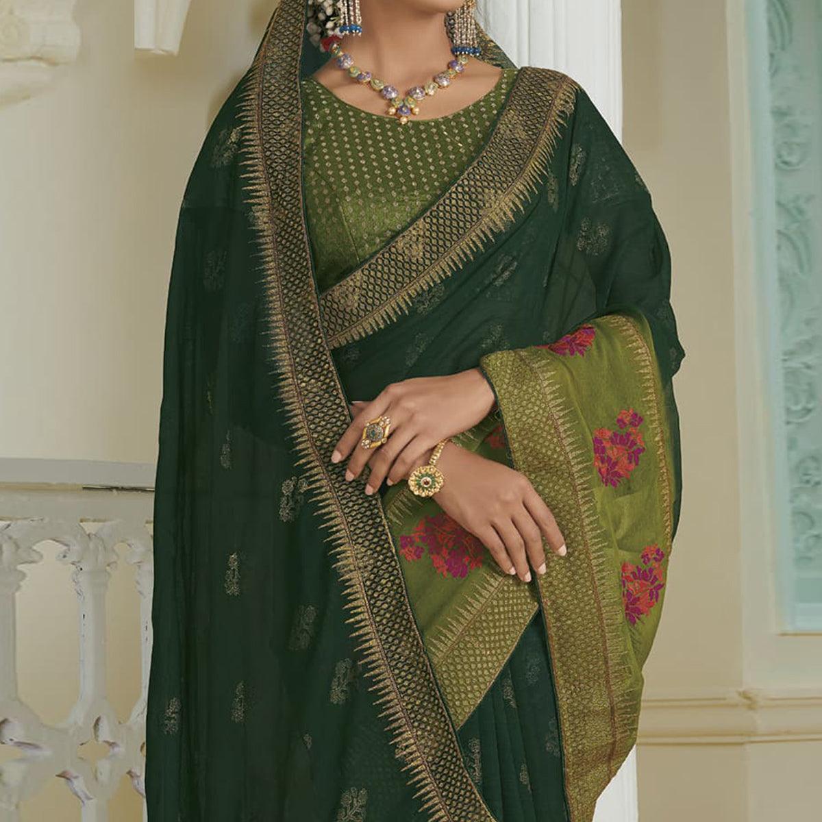 Green Partywear Embroidered Chiffon Saree - Peachmode
