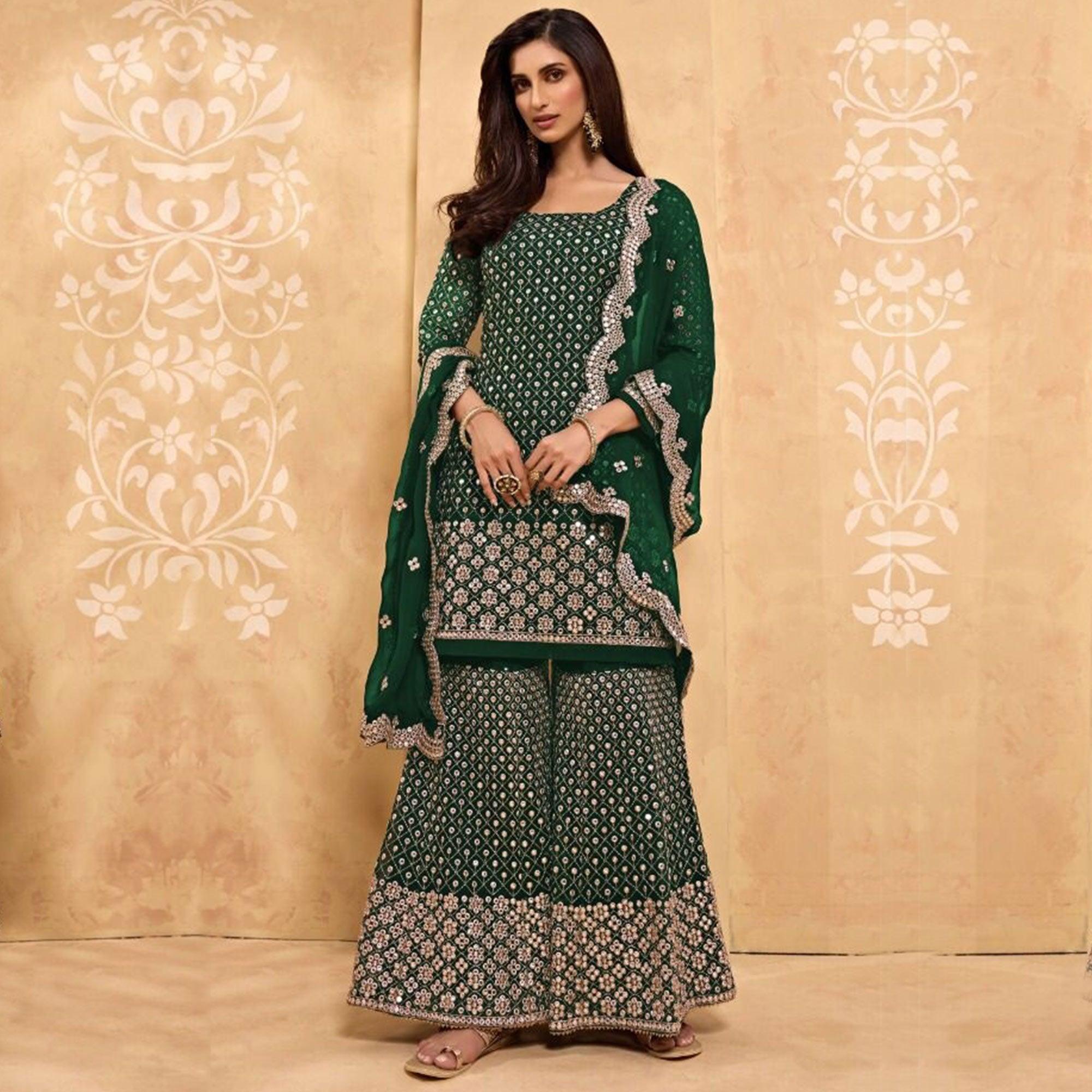 Green Partywear Embroidered Faux Georgette Palazzo Suit - Peachmode