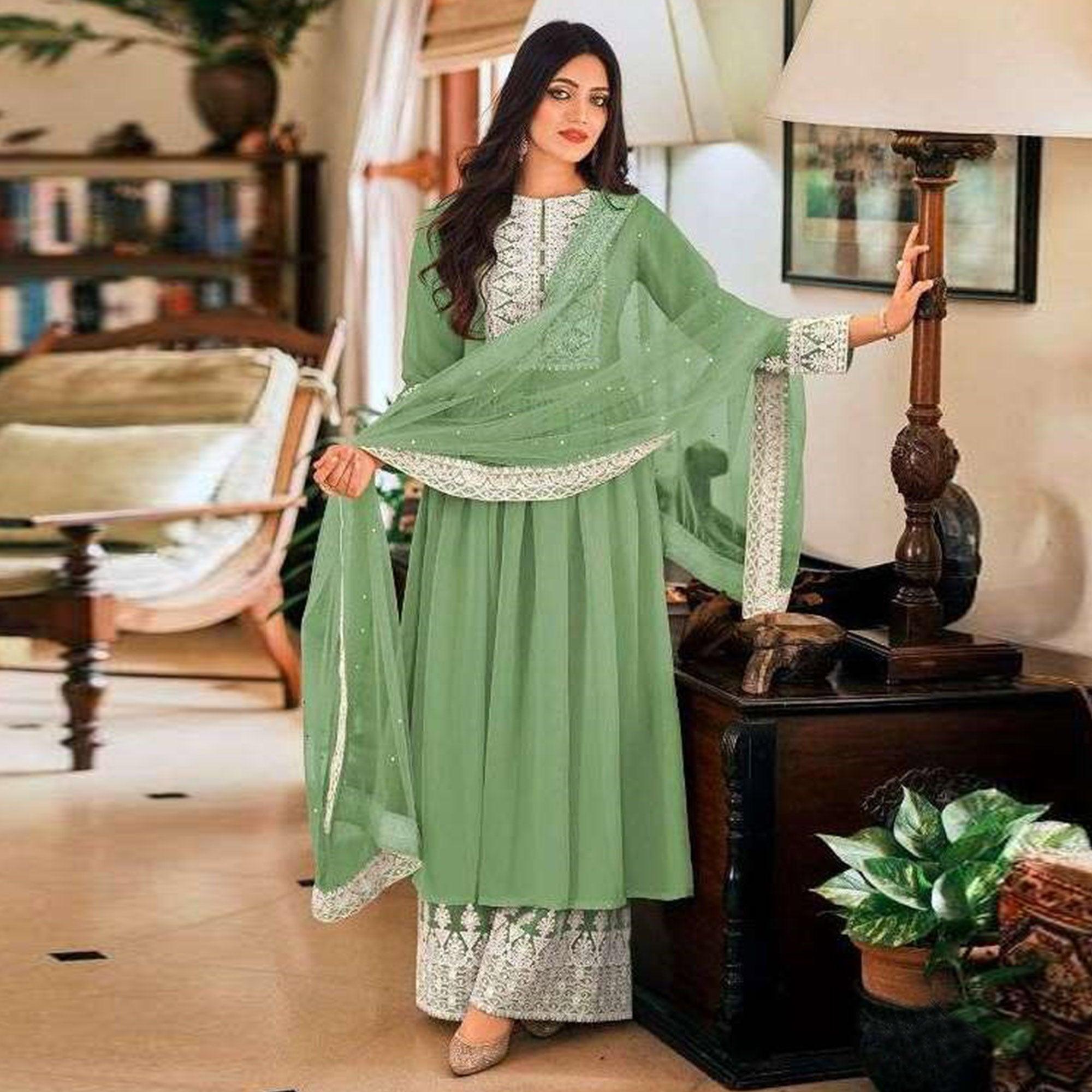 Green Partywear Embroidered Faux Georgette Palazzo Suit - Peachmode