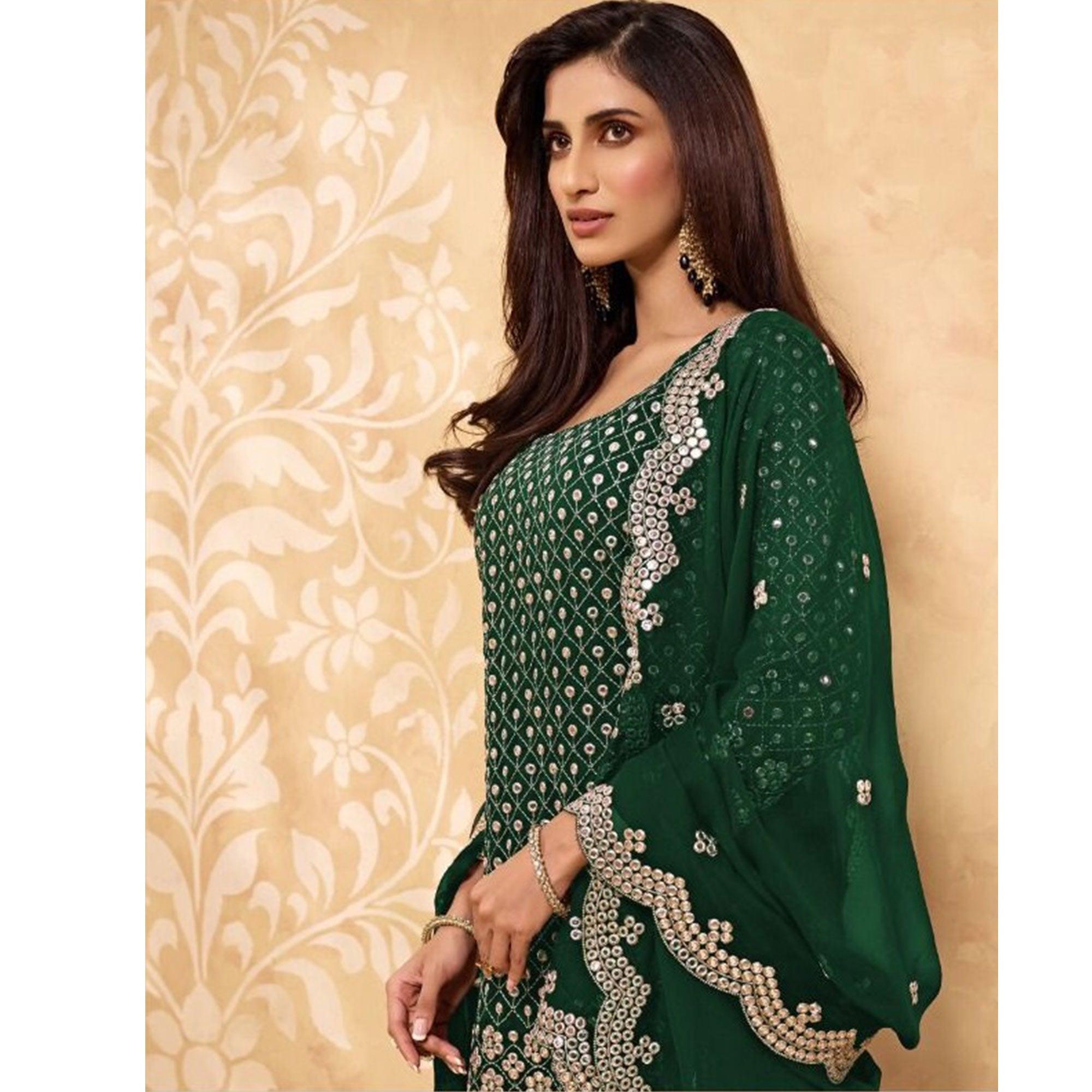 Green Partywear Embroidered Faux Georgette Palazzo Suit - Peachmode