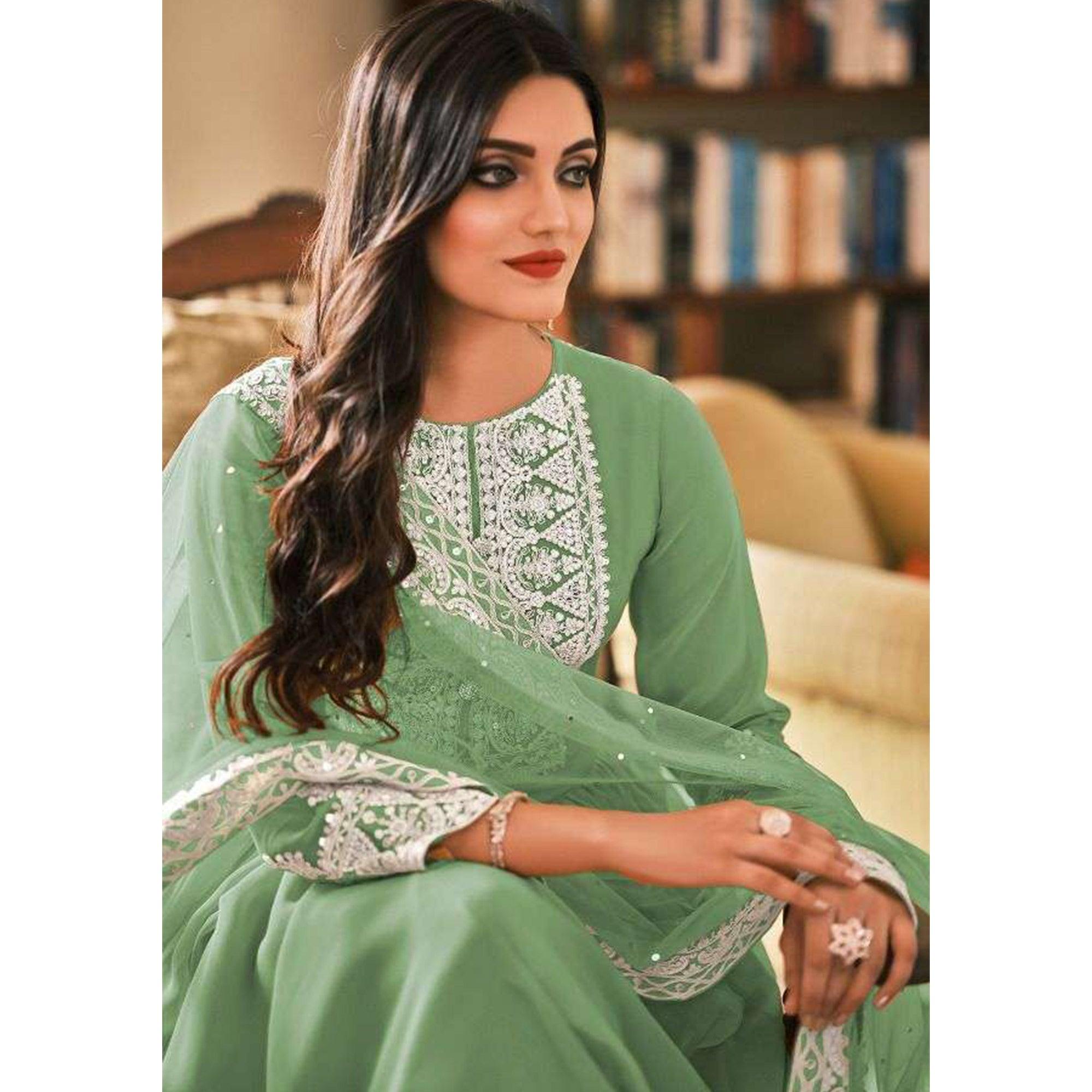 Green Partywear Embroidered Faux Georgette Palazzo Suit - Peachmode