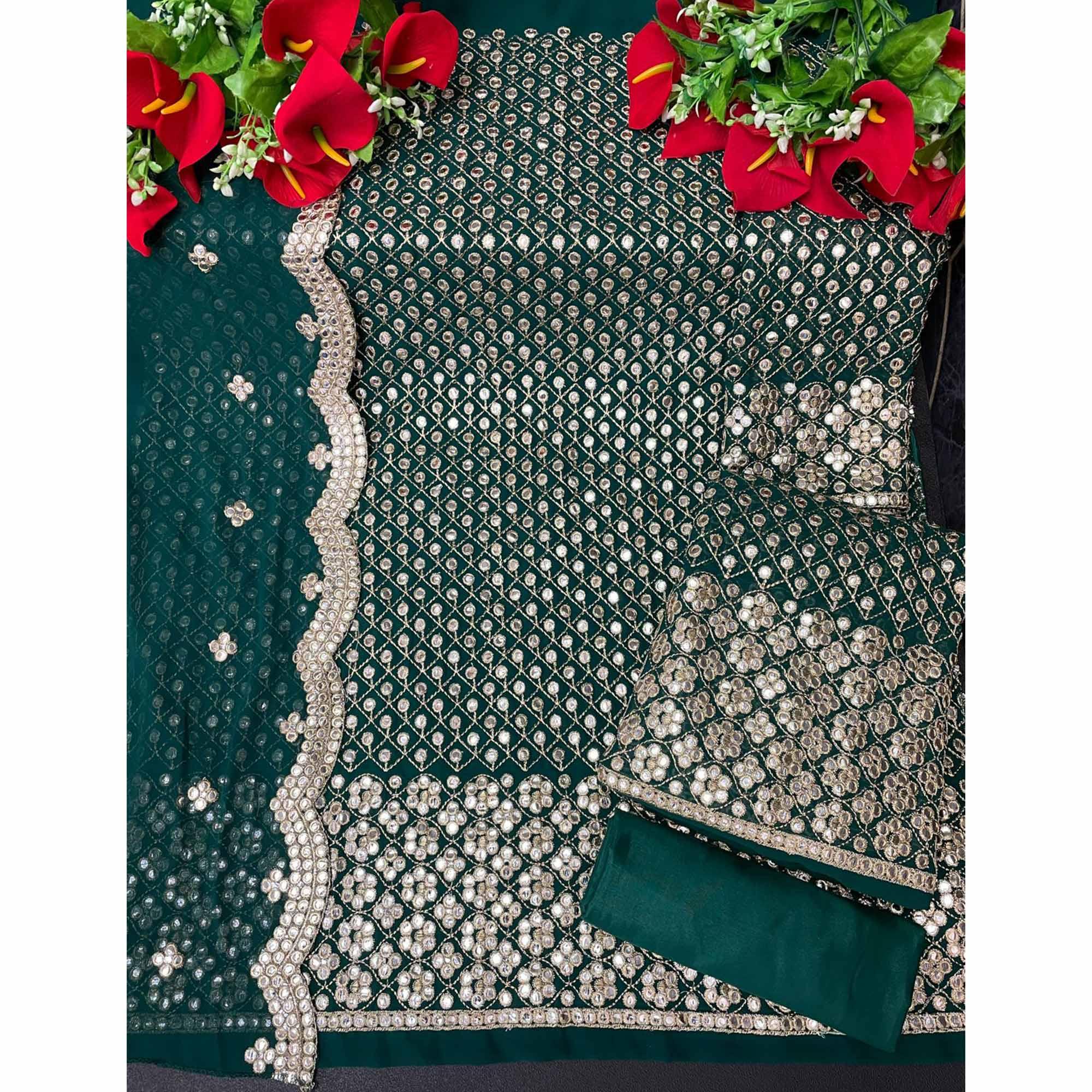 Green Partywear Embroidered Faux Georgette Palazzo Suit - Peachmode