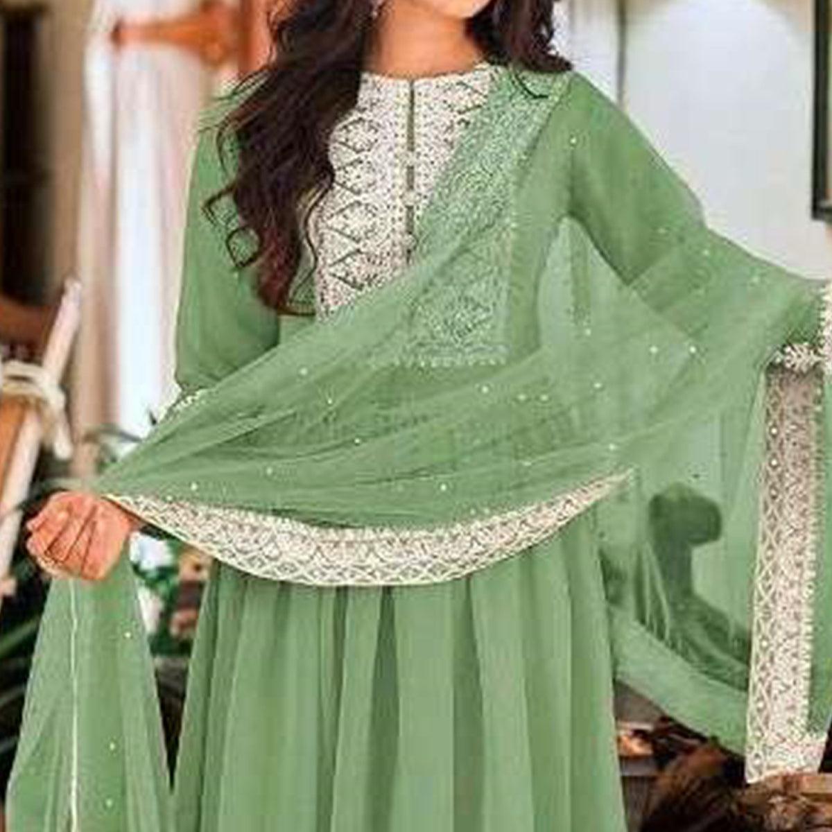 Green Partywear Embroidered Faux Georgette Palazzo Suit - Peachmode
