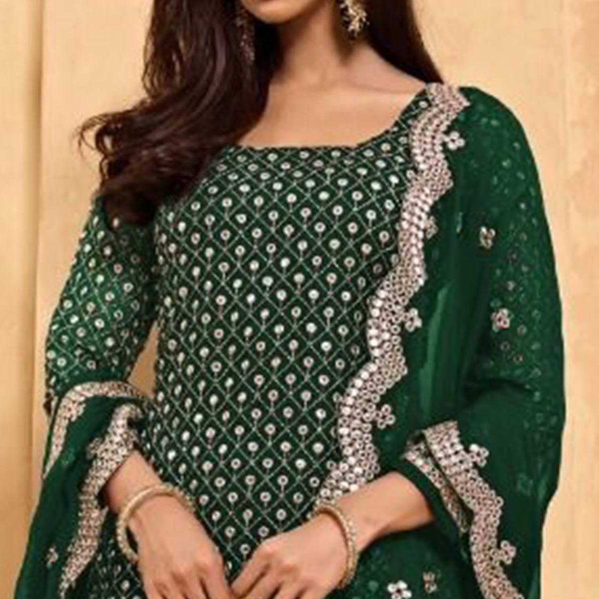 Green Partywear Embroidered Faux Georgette Palazzo Suit - Peachmode