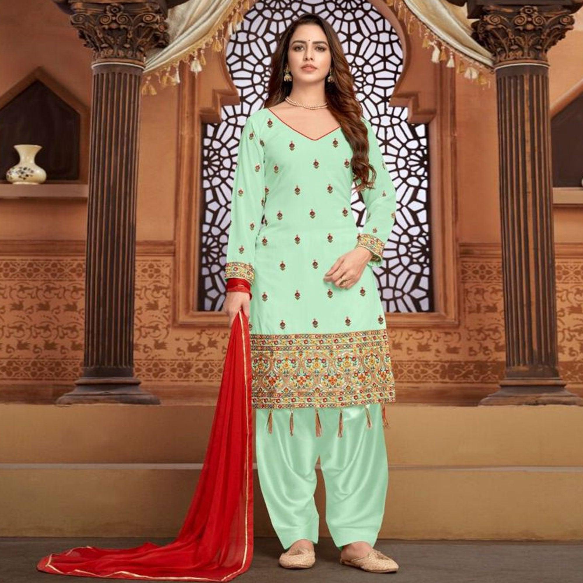 Green Partywear Embroidered Faux Georgette Patiala Suit - Peachmode