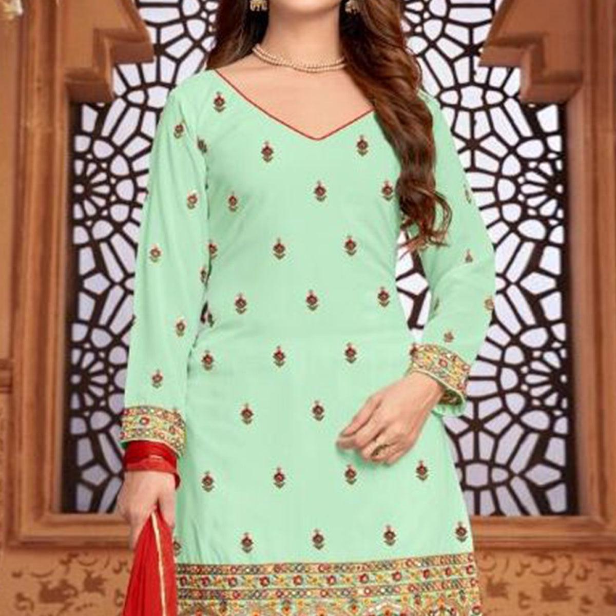 Green Partywear Embroidered Faux Georgette Patiala Suit - Peachmode