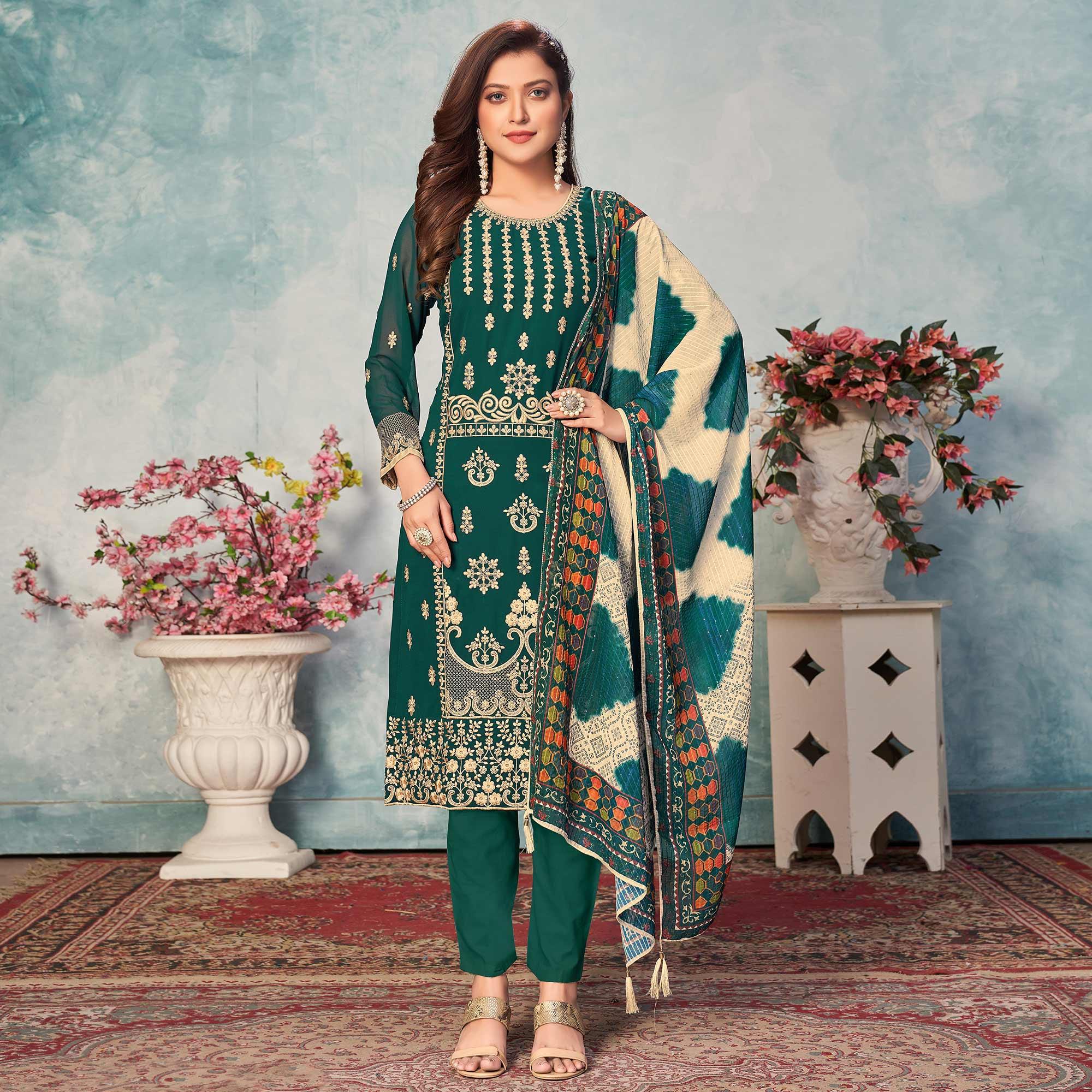 Green Partywear Embroidered Faux Georgette Salwar Suit - Peachmode