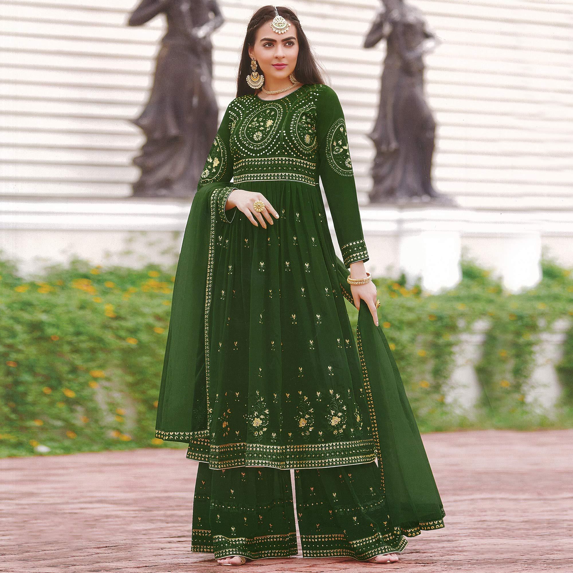Green Partywear Embroidered Faux Georgette Salwar Suit - Peachmode