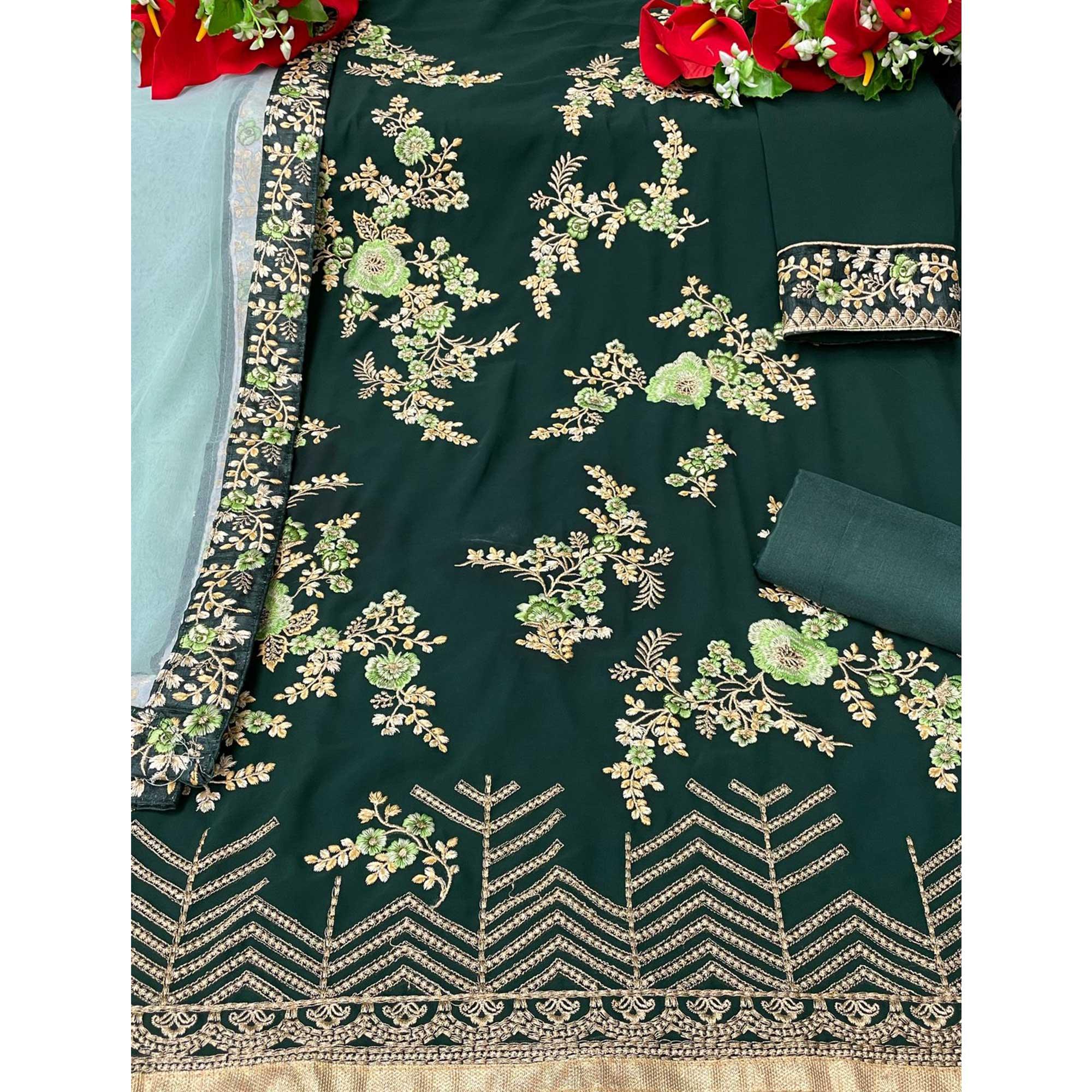Green Partywear Embroidered Faux Georgette Salwar Suit - Peachmode