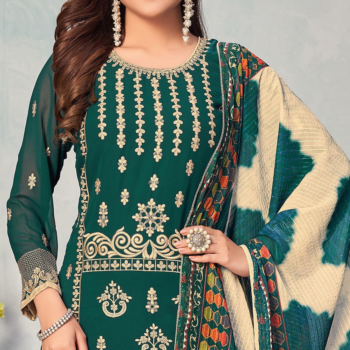 Green Partywear Embroidered Faux Georgette Salwar Suit - Peachmode